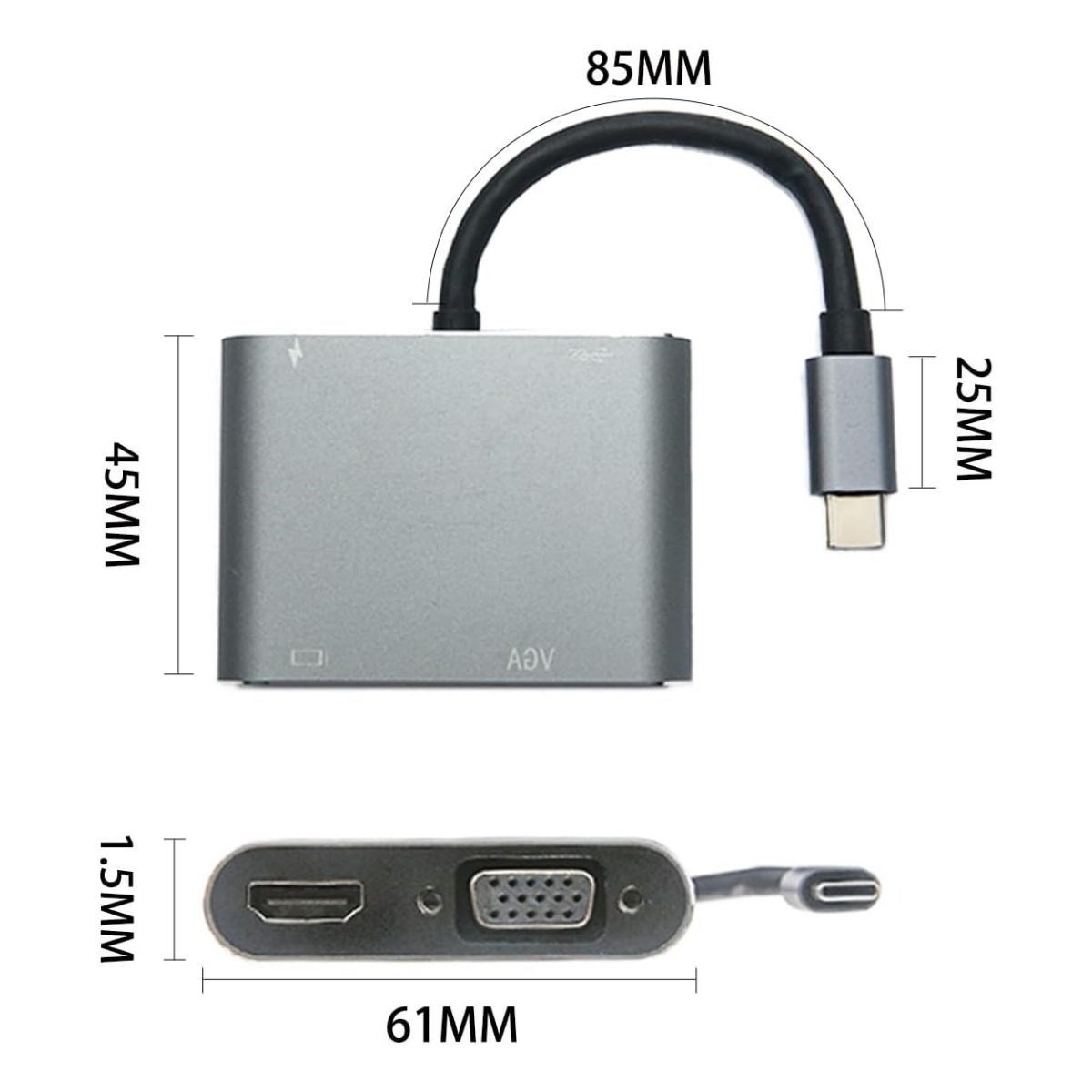 4’ü 1 Arada Type-C to Hub Dönüştürücü Adaptör – 4K Ultra HD HDMI & VGA Görüntü Aktarımı, PD Hızlı Şarj Destekli, USB Çoklayıcı — Veyo — görsel 4