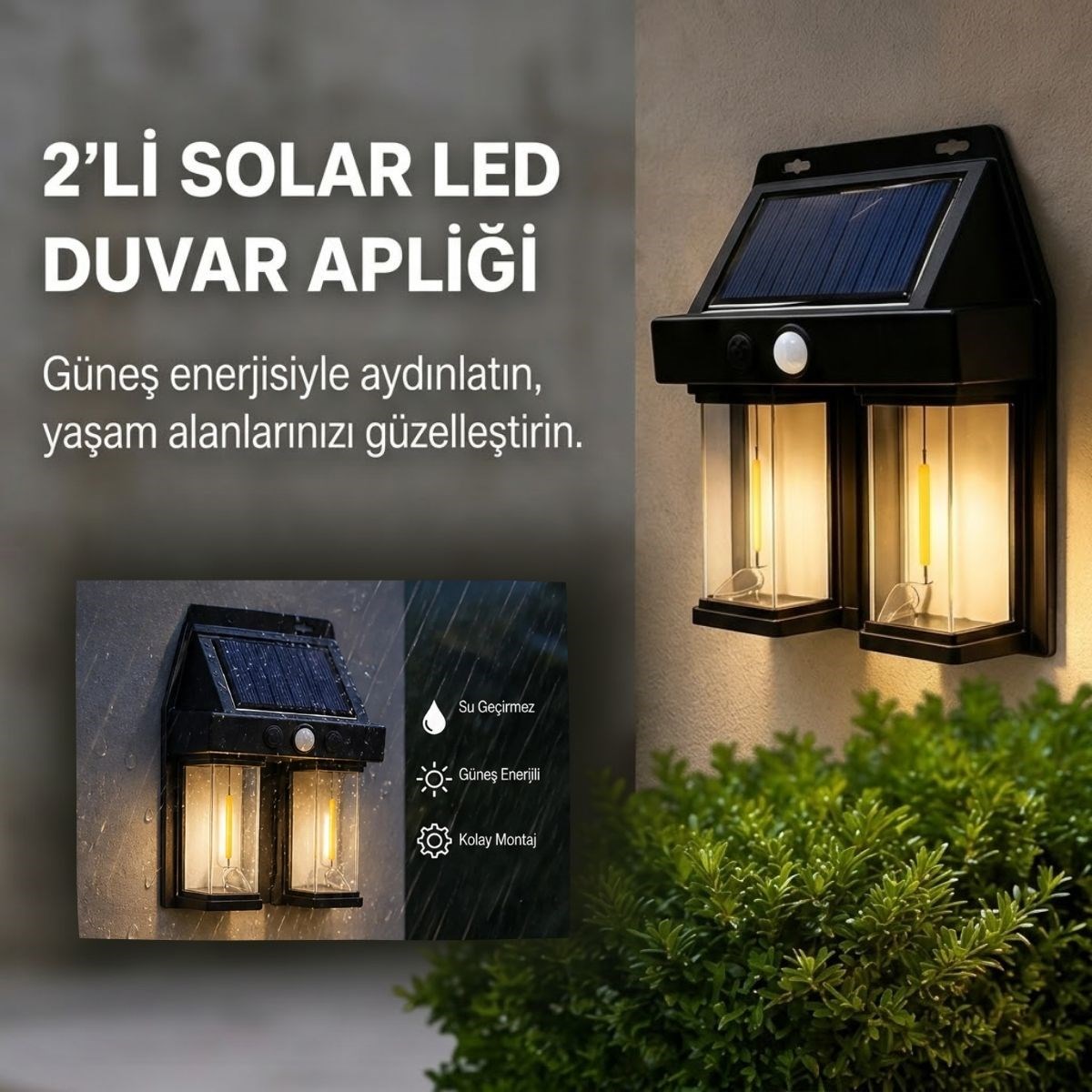 BUFFER® 2'li Solar Güneş Enerjili LED Duvar Apliği, Hareket Sensörlü, Şarjlı, Kablosuz Dış Mekân Bahçe ve Kapı Lambası