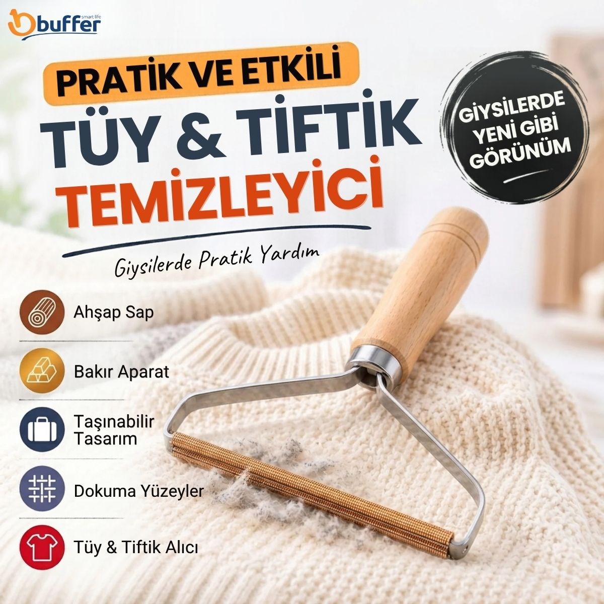 Tüy Alma Aparatı Tiftik Temizleme Taşınabilir Kazak ve Dokuma Kumaş Ahşap Sap Bakır Manuel