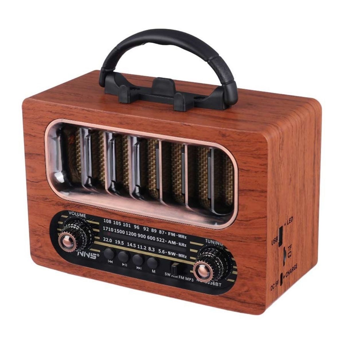 Orta Boy Retro Ahşap Tasarım Bluetooth Hoparlörlü Radyo – FM/AM Destekli, Şarjlı ve Taşınabiliri Radyo NS-6636 — Veyo — görsel 2