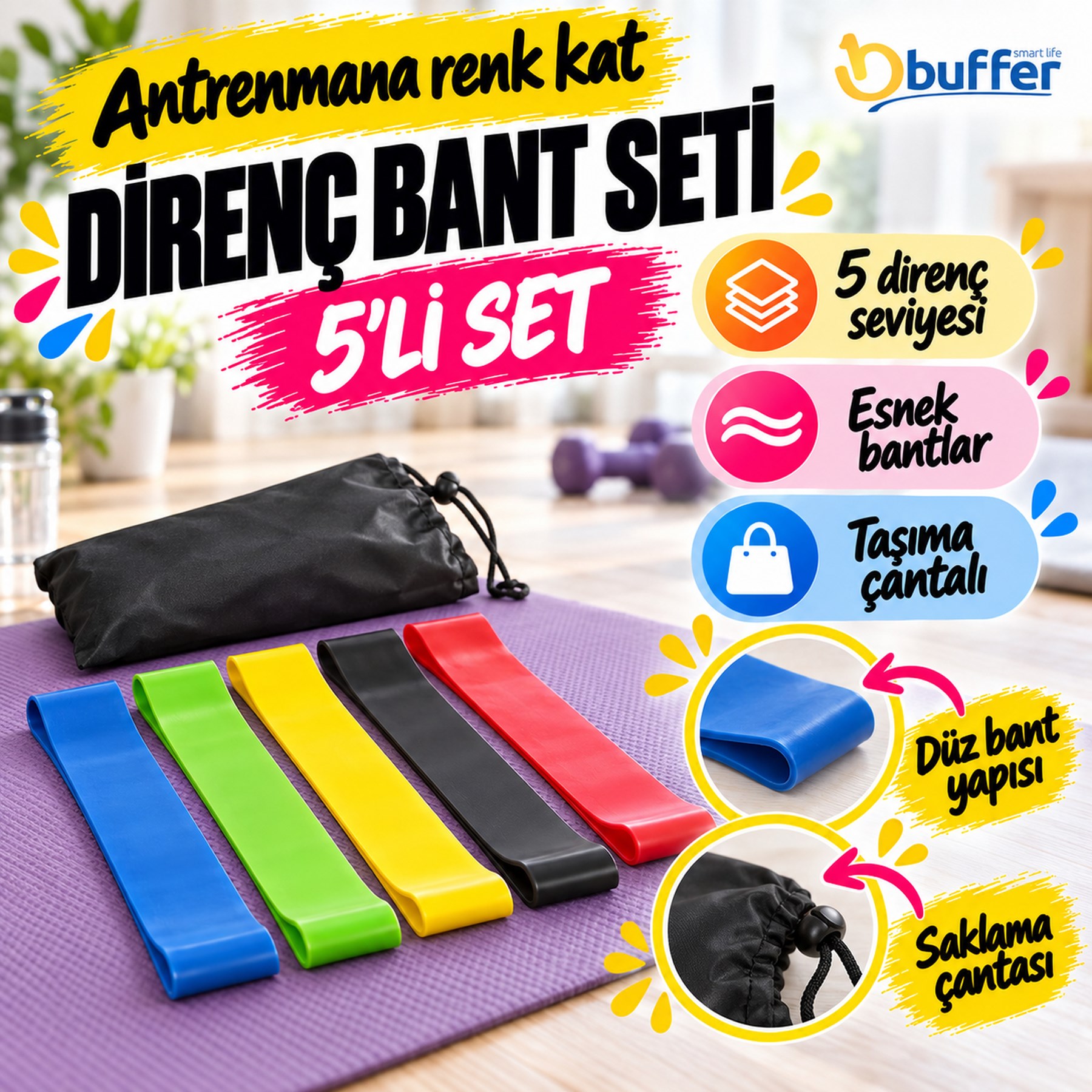 Pilates Fitness Crossfit Direnç Bandı Seti Taşıma Çantalı Kalça Bacak Egzersiz Lastиği Antrenman