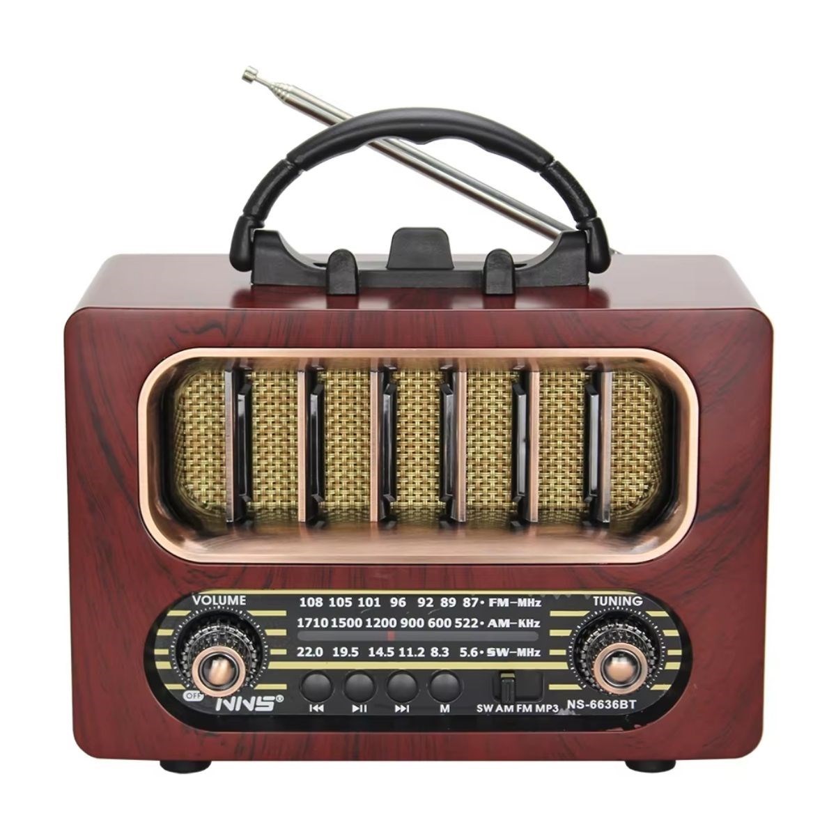 Orta Boy Retro Ahşap Tasarım Bluetooth Hoparlörlü Radyo – FM/AM Destekli, Şarjlı ve Taşınabiliri Radyo NS-6636 — Veyo