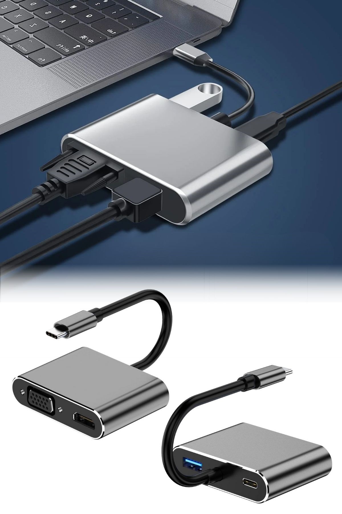 4’ü 1 Arada Type-C to Hub Dönüştürücü Adaptör – 4K Ultra HD HDMI & VGA Görüntü Aktarımı, PD Hızlı Şarj Destekli, USB Çoklayıcı — Veyo — görsel 6