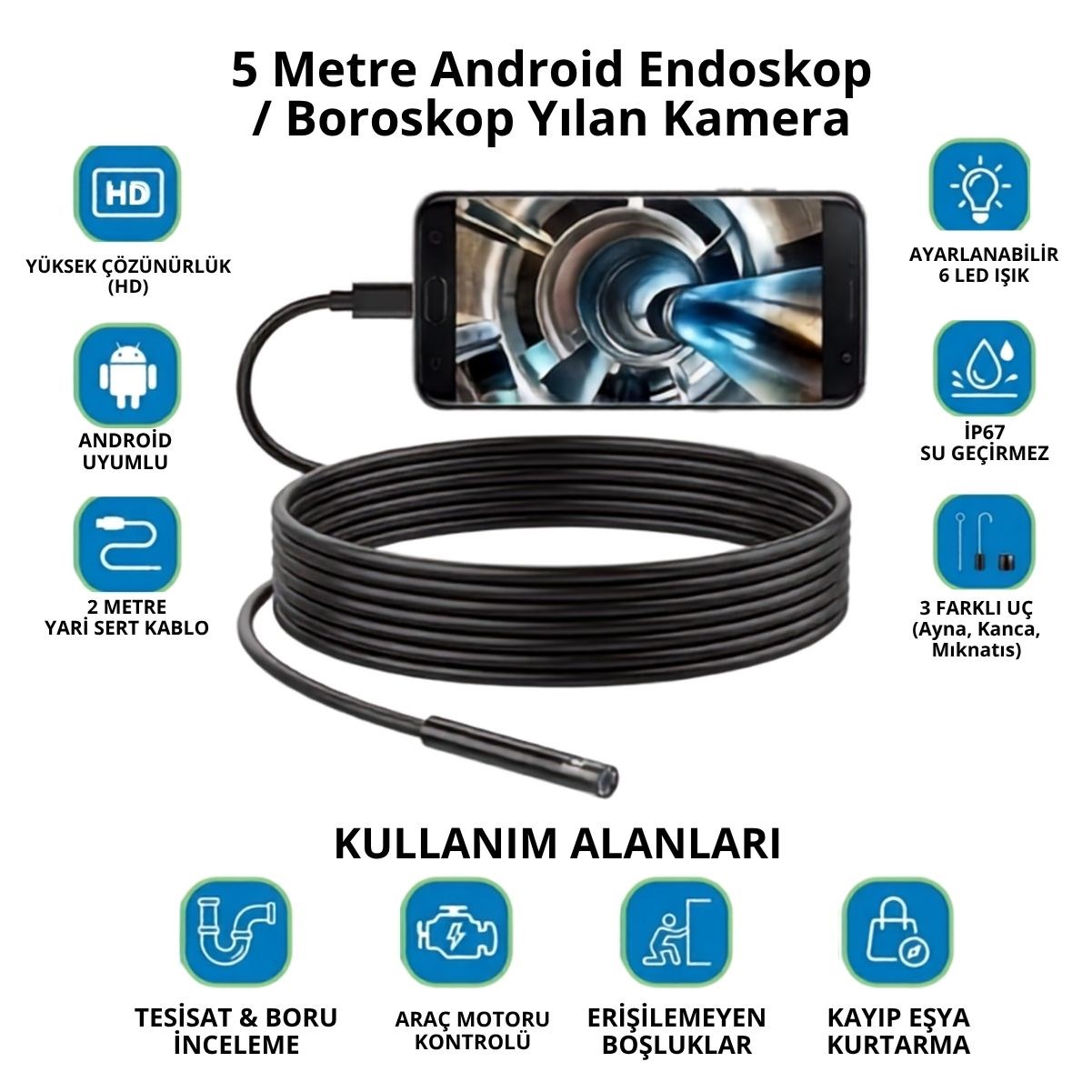 5 Metre Android Telefon Uyumlu 6 LED Işıklı Su Geçirmez Endoskop / Boroskop Yılan Kamera HD — Veyo — görsel 5