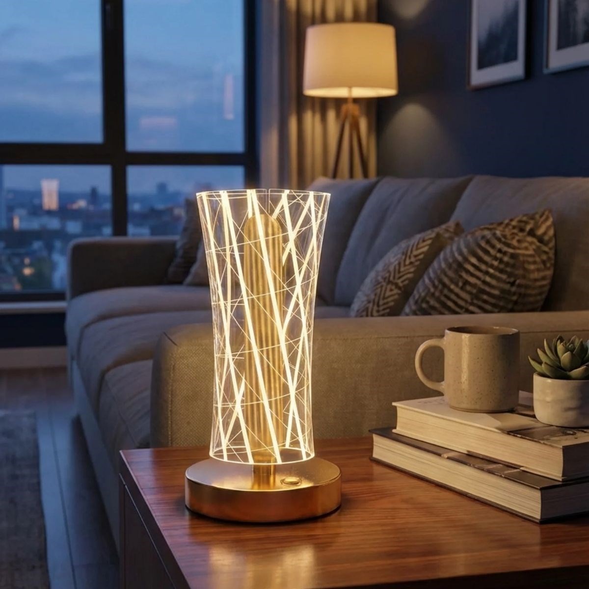 Silindirik Kristal Çizgi Model LED Masa Lambası – Gold Tabanlı, Dokunmatik, 3 Renk Işık Modlu, Şarjlı Modern Dekoratif Gece Lambası — Veyo — görsel 4