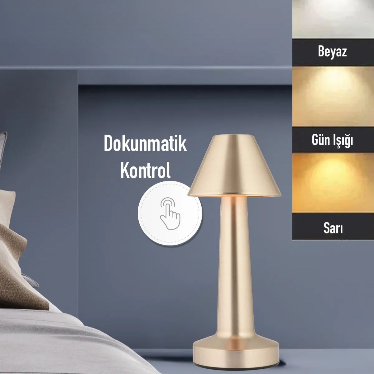 Çatı Model Gold Renk Şarjlı Dokunmatik 3 Renkli LED Masa Lambası — Veyo — görsel 2