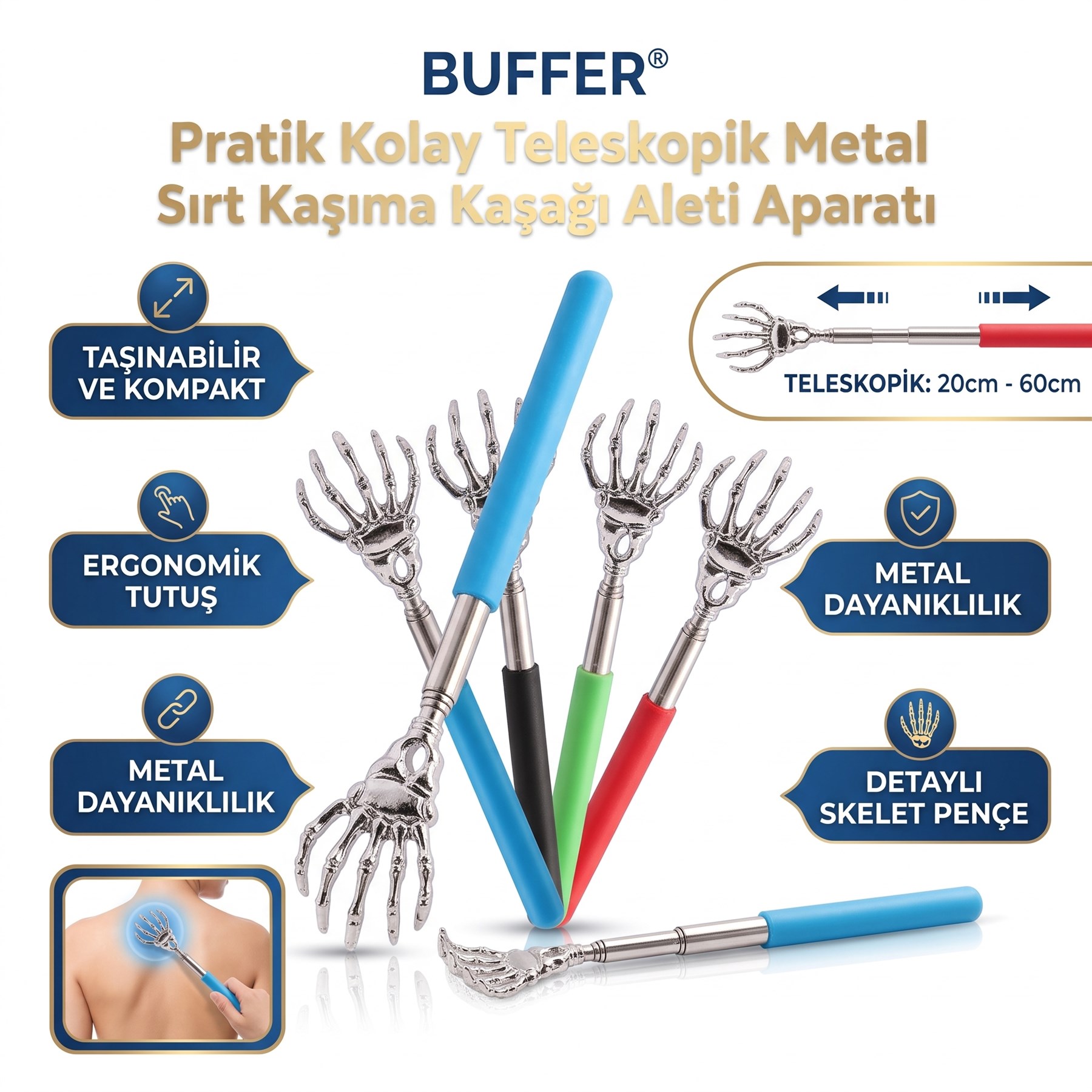 Teleskopik Sırt Kaşıma Kaşağı Aleti 20 cm 60 Paslanmaz Metal Skelet Pençe Kaymaz Ergonomik Sap