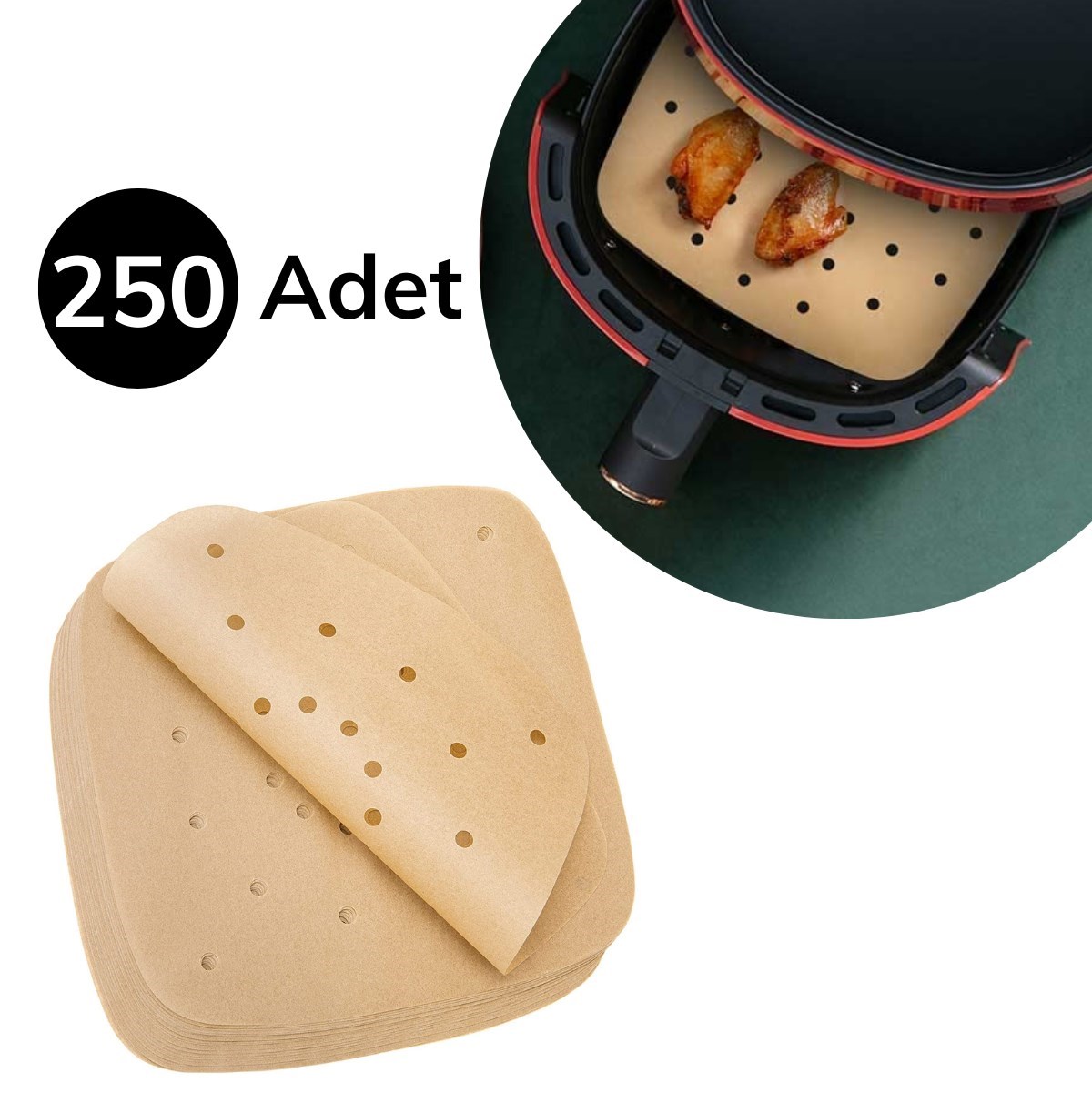 250 Adet Air Fryer Pişirme Kağıdı Tek Kullanımlık Hava Fritöz Yağ Geçirmez Yapışmaz Gıda Pişirme Kağıdı Delikli Kare Model — Veyo