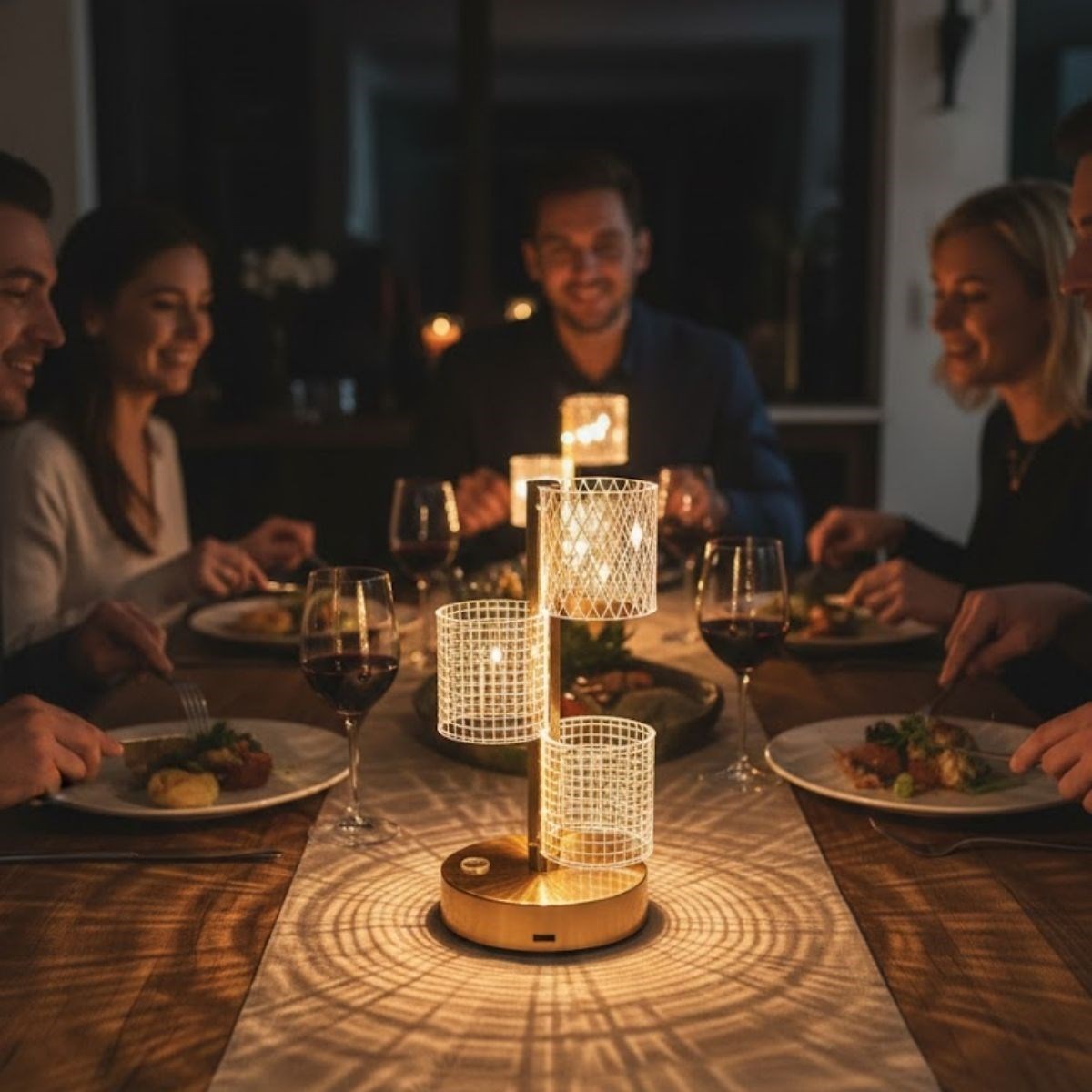 3 Parça Silindirik Kristal Ekose Kareli LED Masa Lambası – Gold Gövdeli, Dokunmatik, 3 Kademe Işık Ayarlı Şarjlı Dekoratif Lamba — Veyo — görsel 4