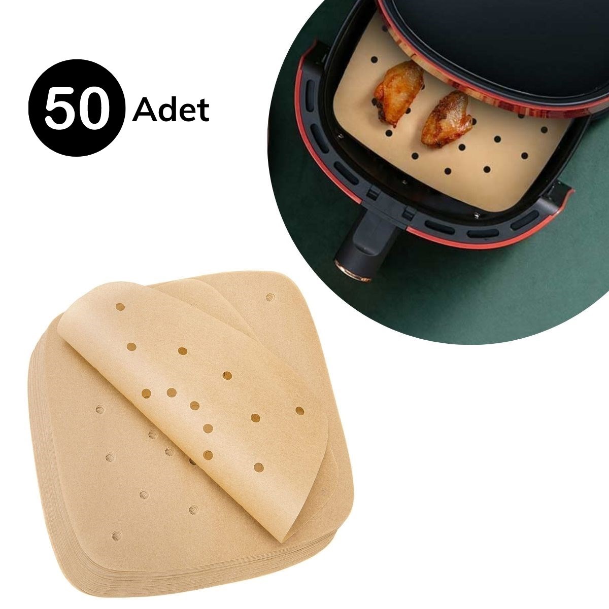 50 Adet Air Fryer Pişirme Kağıdı Tek Kullanımlık Hava Fritöz Yapışmaz Yağlı Kağıt Delikli Model — Veyo