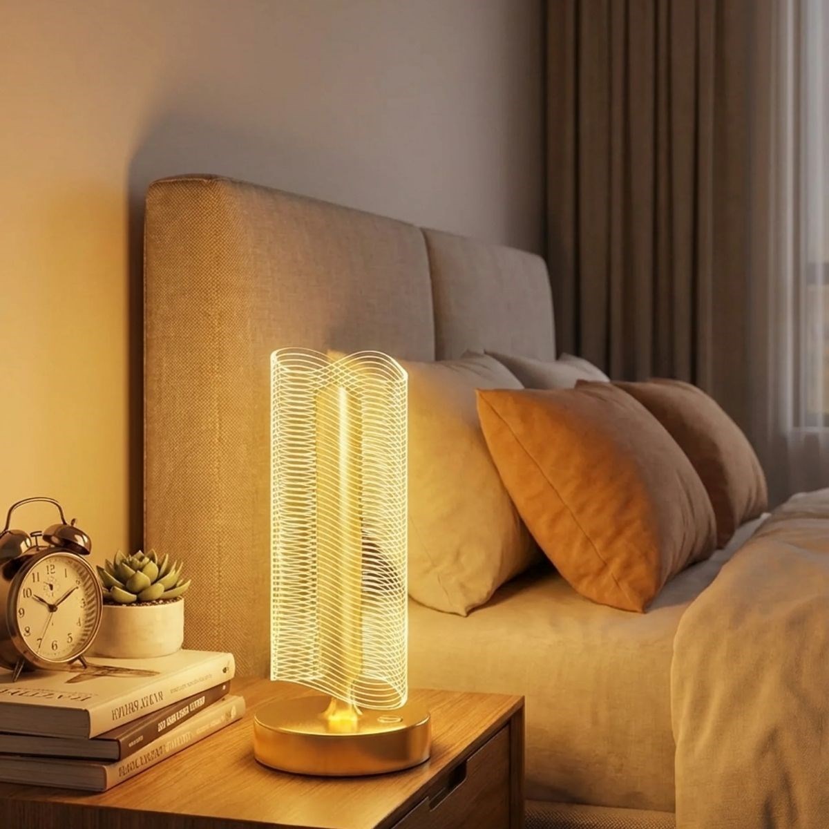 Dalgalı Silindirik Kristal Çizgili Model LED Masa Lambası – Gold Tabanlı, Dokunmatik, 3 Renk Işık Modlu, Şarjlı Modern Dekoratif Gece Lambası — Veyo — görsel 2