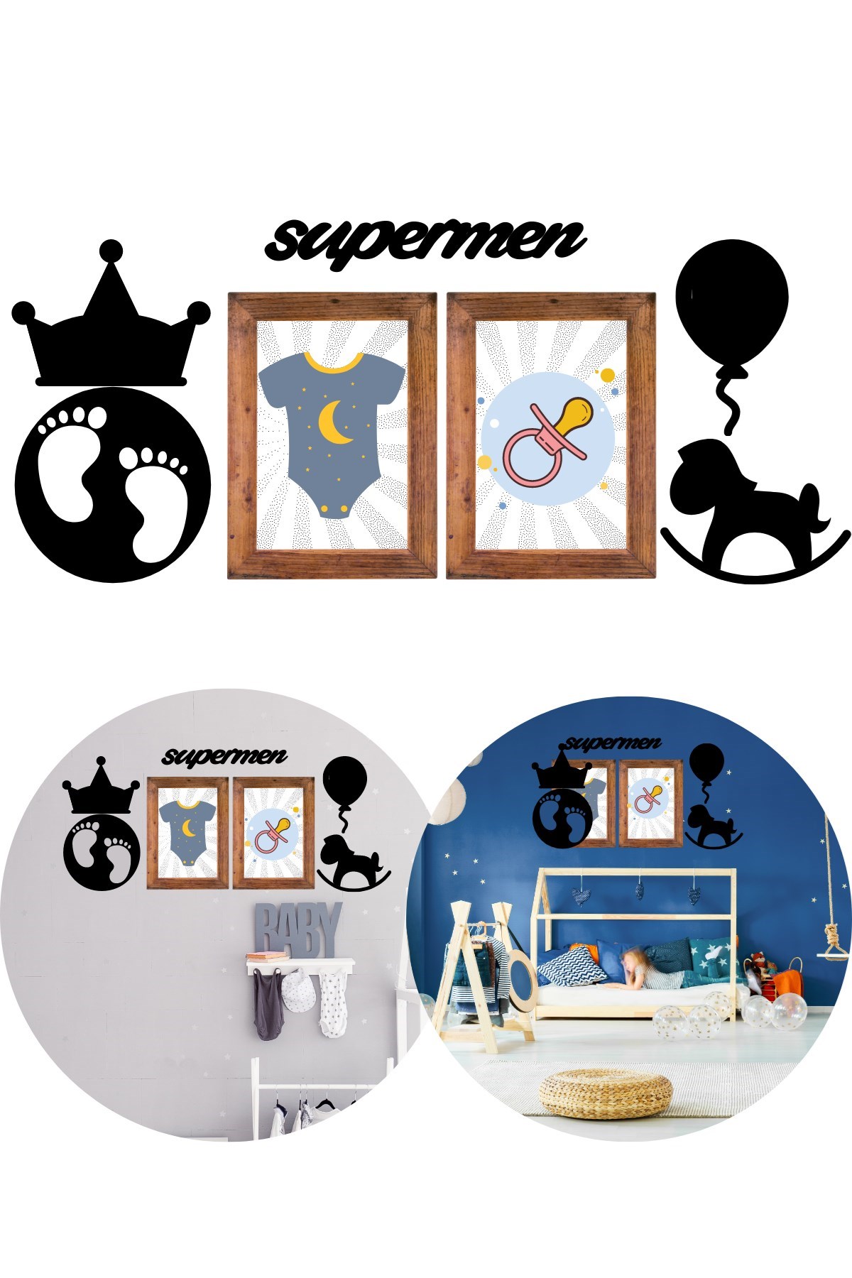 DECO103 Supermen Dekoratif Duvar Süsü Tablo Aksesuar Ahşap Tasarım Hediye Pano Sticker Seti — Veyo — görsel 3