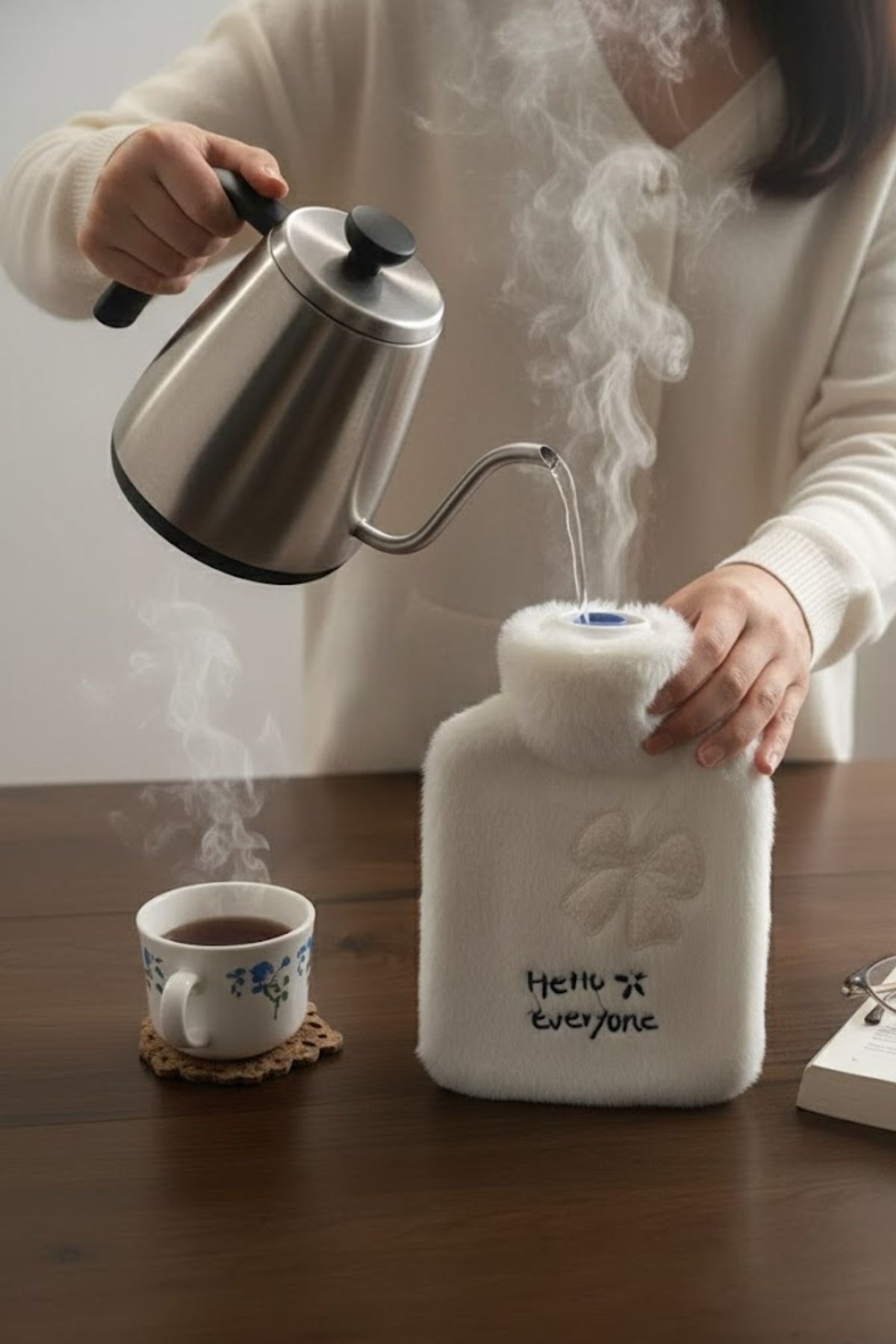 Hello Everyone Yazılı Kurdeleli Beyaz Peluş Sıcak Su Torbası 1 Lt – Yumuşak Kılıf, Uzun Süre Sıcak Tutan Termal Su Torbası — Veyo — görsel 8