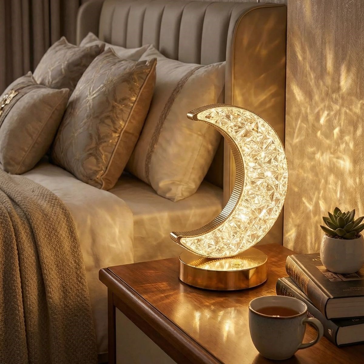 Hilal AY Model Kristal LED Masa Lambası – Dokunmatik, 3 Renk Işık Modlu, Şarjlı Mini Dekoratif Gece Lambası — Veyo