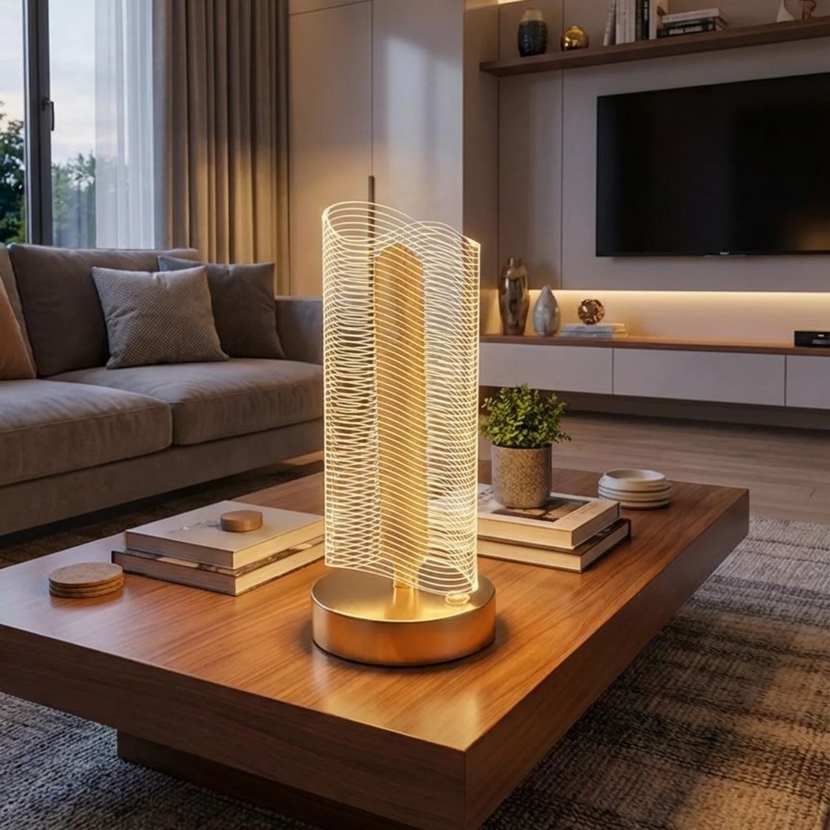 Dalgalı Silindirik Kristal Çizgili Model LED Masa Lambası – Gold Tabanlı, Dokunmatik, 3 Renk Işık Modlu, Şarjlı Modern Dekoratif Gece Lambası — Veyo — görsel 4