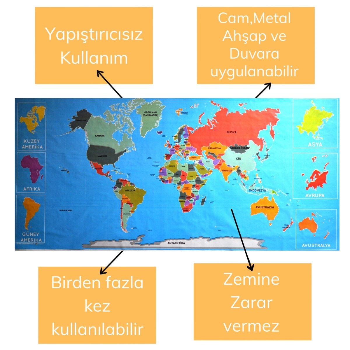 Renkli Atlas Dünya Haritası Manyetik Yapıştırıcı Gerektirmeyen Duvar Stickerı 118 CM * 56 CM — Veyo — görsel 6