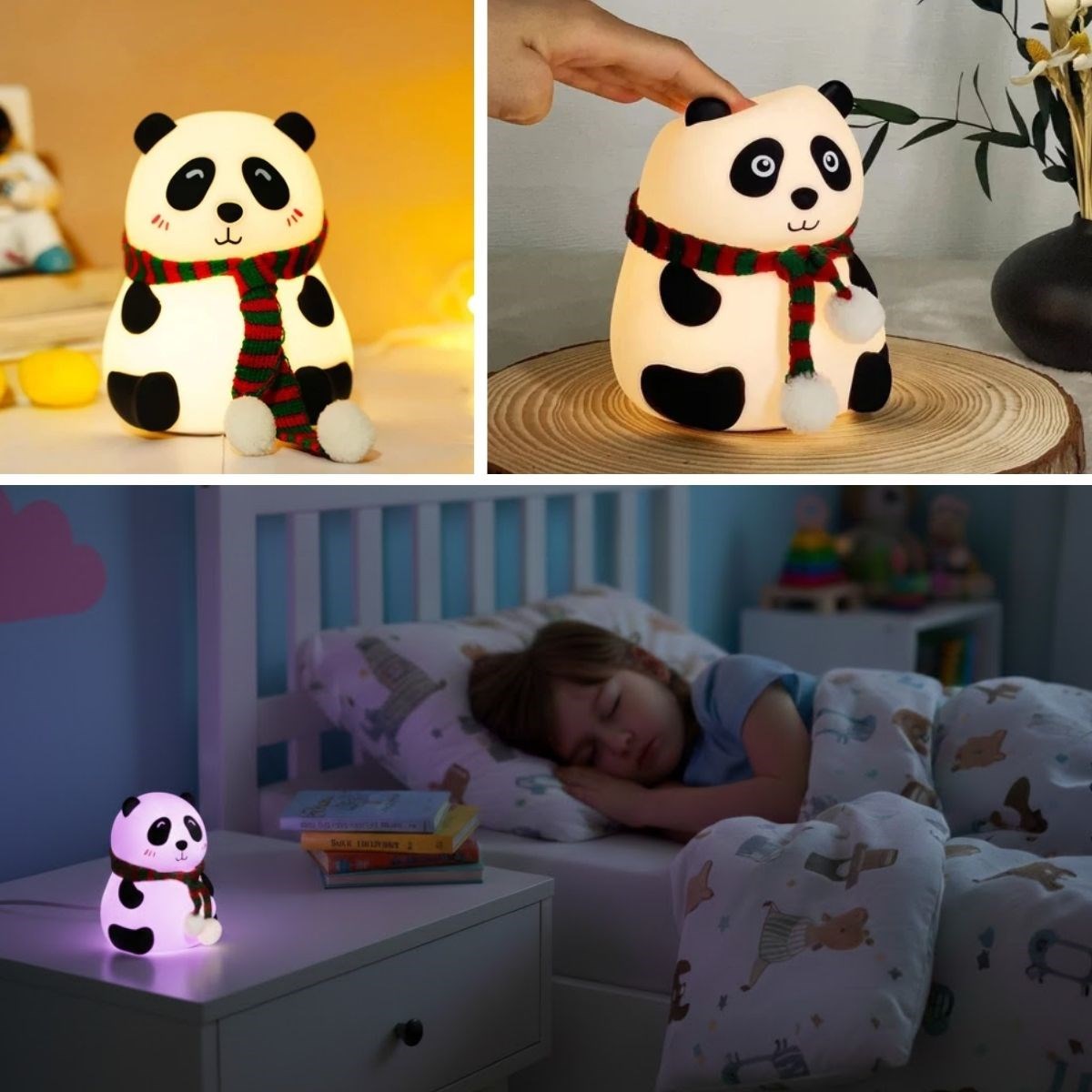 5 Farklı Renk Modlu Panda Figürlü Pofuduk LED Gece Lambası–Yumuşak Dokulu Çocuk Odası ve Dekoratif Şarjlı Ortam Işığı — Veyo — görsel 2