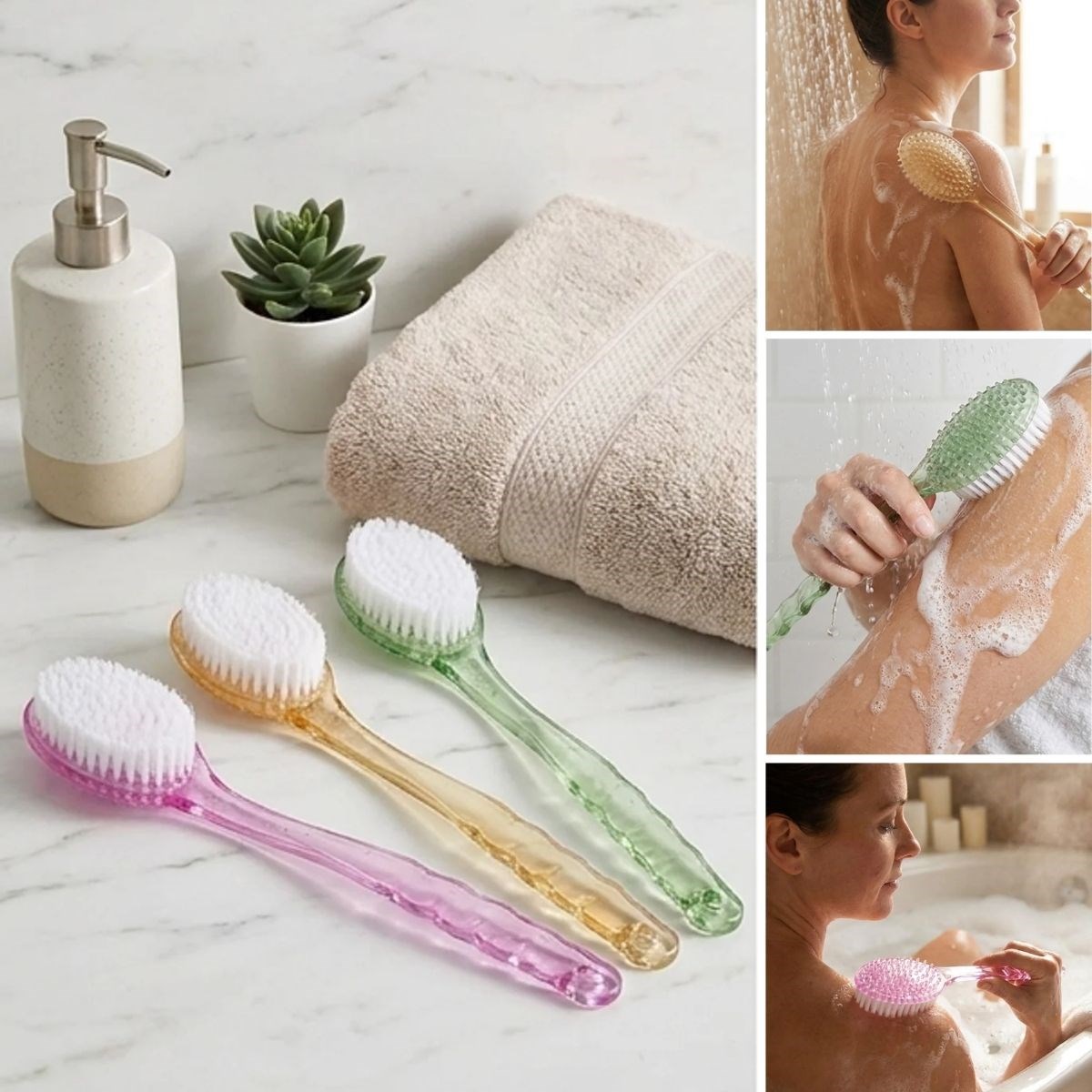 Plastik Saplı Vücut Temizleme Fırçası - Çok Amaçlı Sırt ve Vücut İçin Banyo ve Duş Kese Aparatı — Veyo