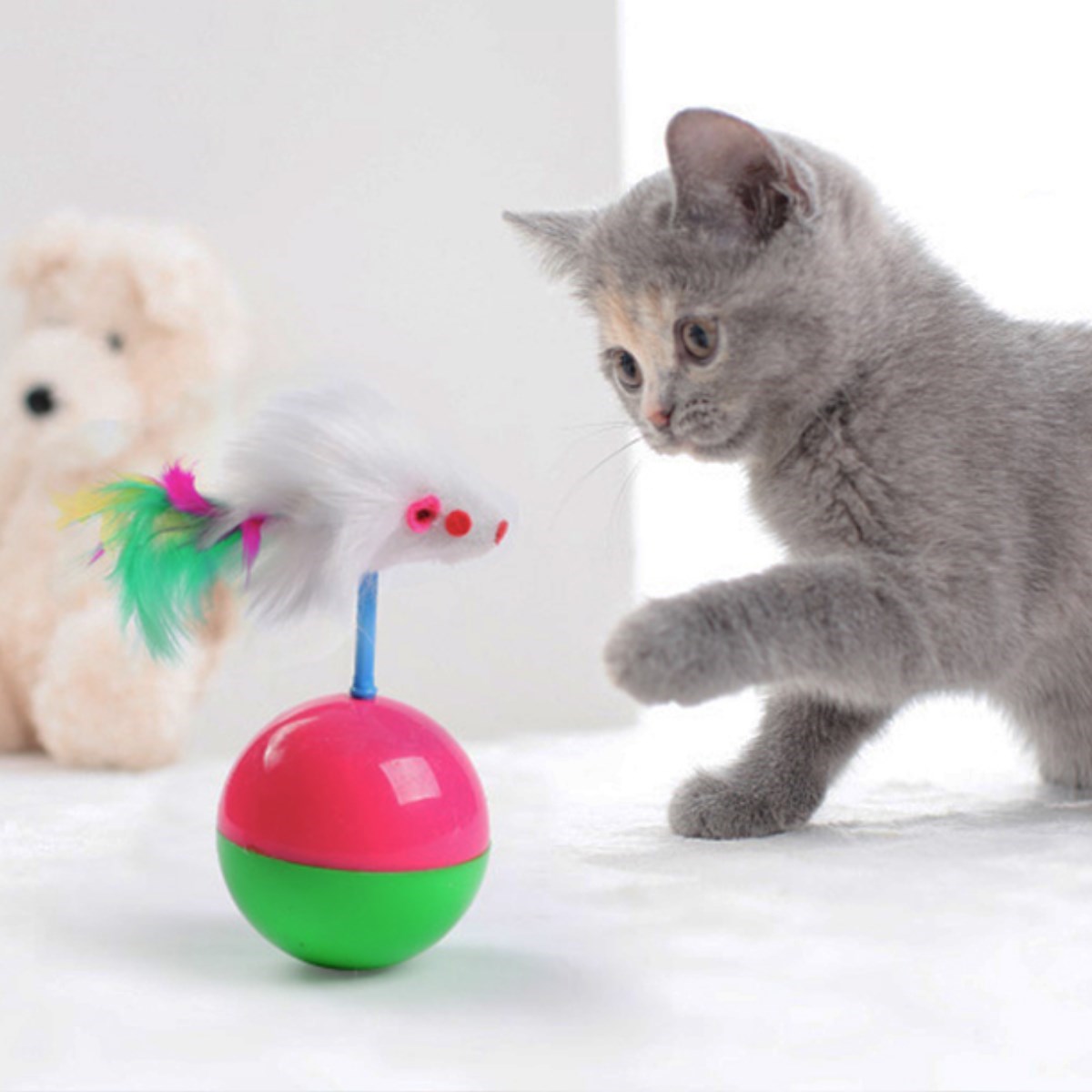Kedi Oyun Topu Tüylü Fareli Hacı Yatmaz Eğitici Yavru Kedi Fare Kovalama Oyuncağı — Veyo — görsel 7