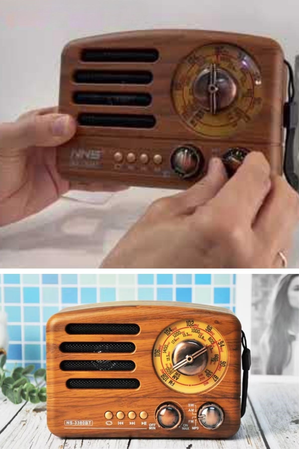 Küçük Boy Retro, Nostaljik, Ahşap Tasarım Bluetooth Hoparlörlü, Şarjlı, Taşınabilir Büyük Döndürülebilen Düğmeli FM/AM Destekli Radyo NS3380 — Veyo — görsel 7
