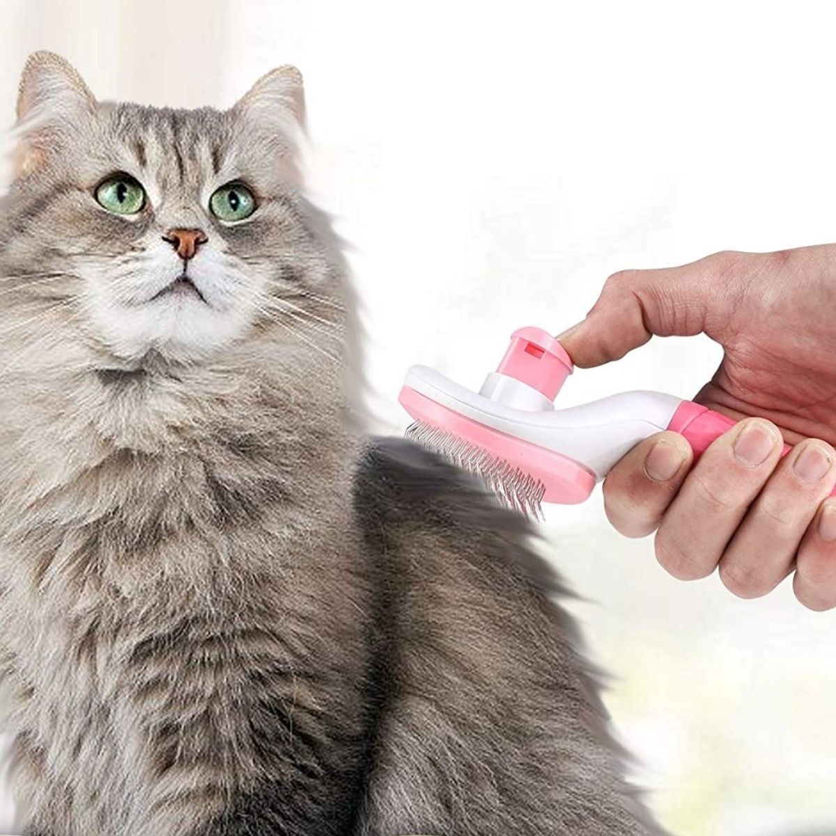 Kedi Köpek Tüy Toplayıcı Kendini Temizleyebilen Ergonomik Saplı Evcil Hayvan Tarağı Pembe — Veyo — görsel 2