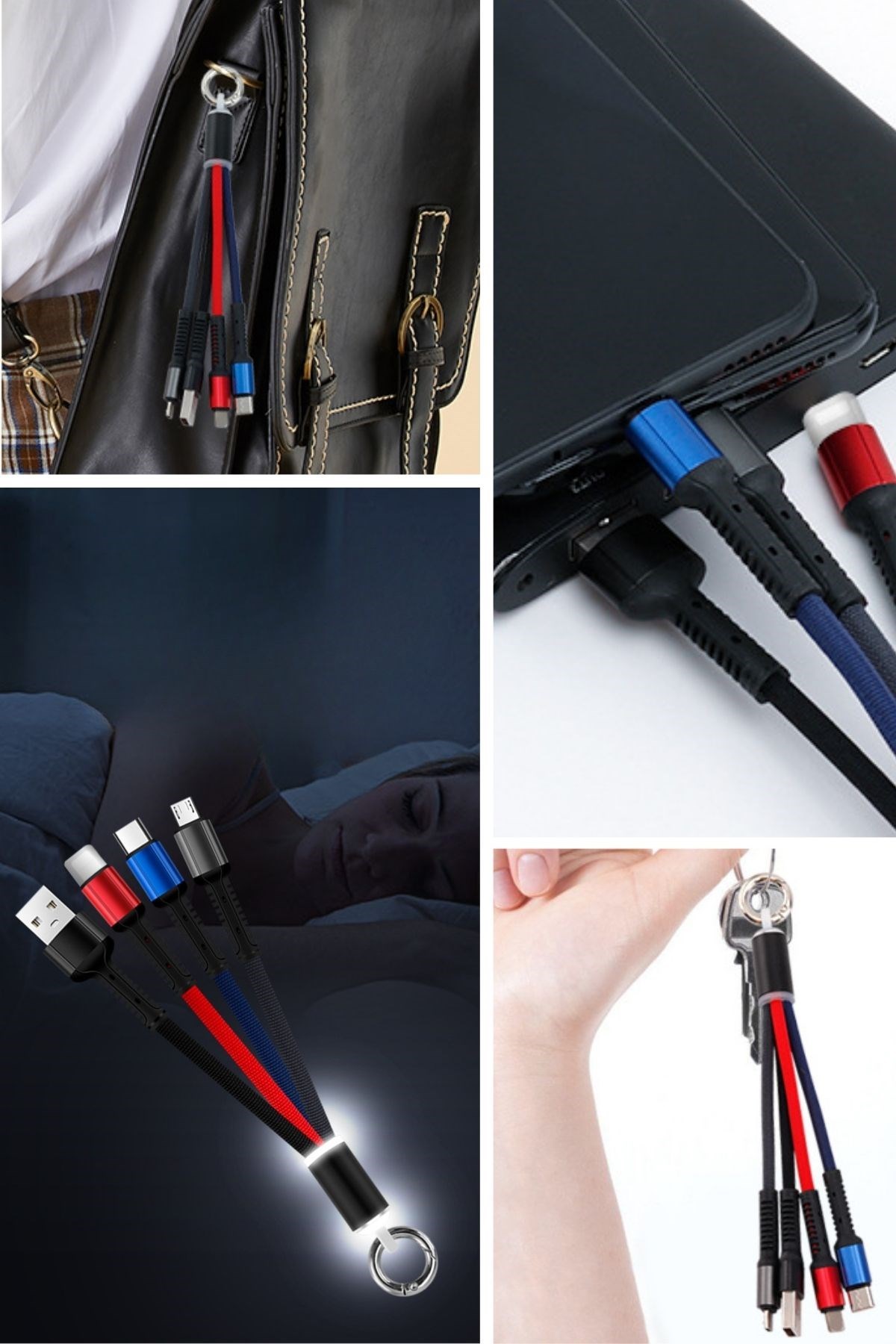 Işıklı Anahtarlık Model 3 in 1 USB Çıkışlı MİKRO,TYPE-C ve İphone Uyumlu Şarj Kablosu — Veyo — görsel 6