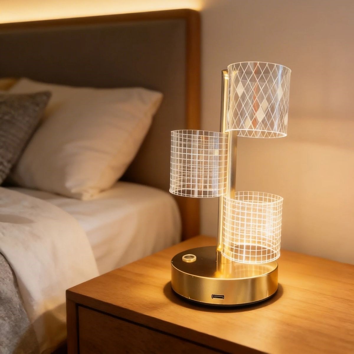 3 Parça Silindirik Kristal Ekose Kareli LED Masa Lambası – Gold Gövdeli, Dokunmatik, 3 Kademe Işık Ayarlı Şarjlı Dekoratif Lamba — Veyo — görsel 3