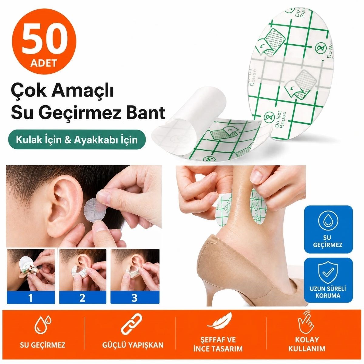 Su Geçirmez Koruyucu Bant Seti Kulak ve Ayakkabı İçin Çok Amaçlı Yapışkanlı Pratik Kullanım