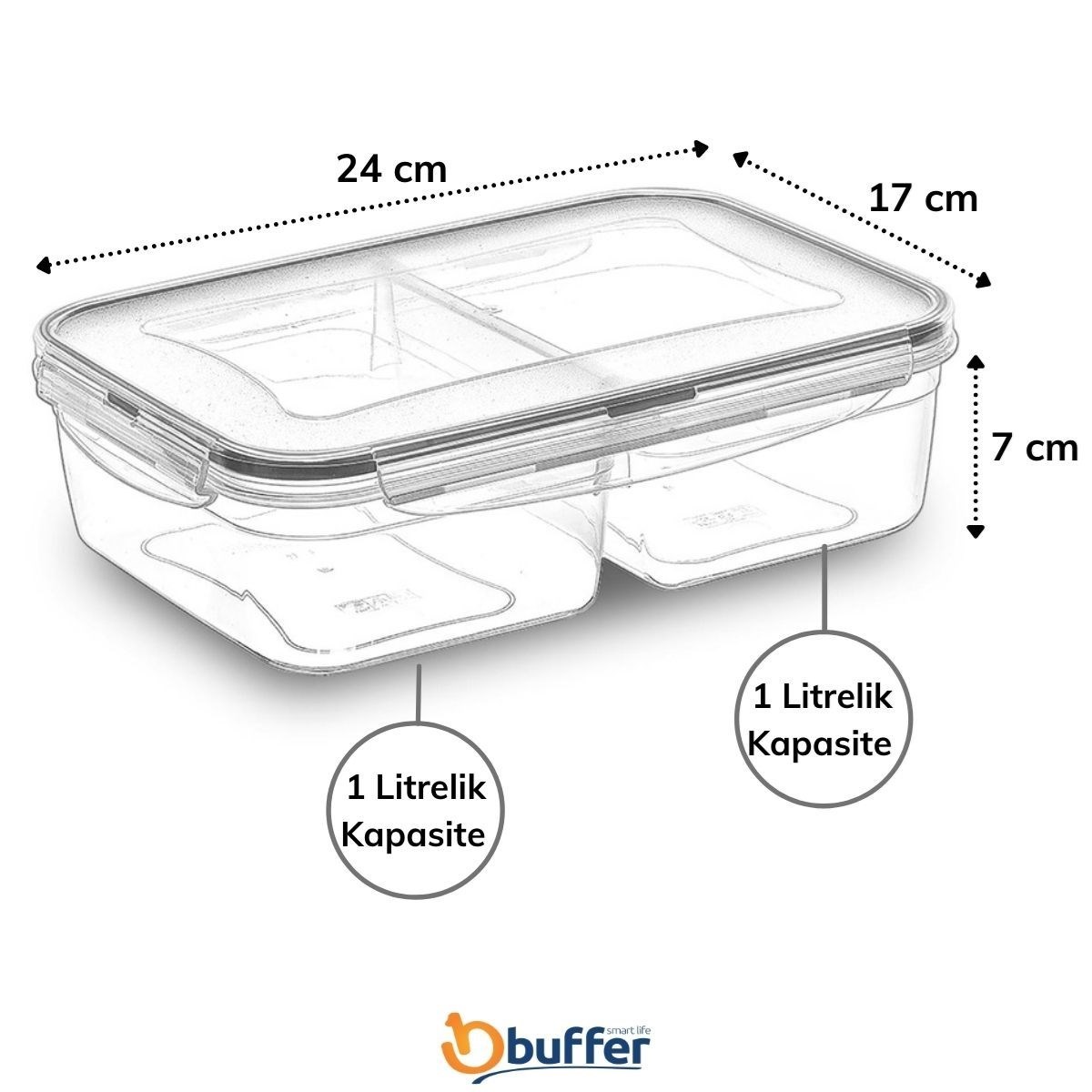 2 Bölmeli 1+1 Litre Kilitli Kapaklı Erzak Saklama Kabı LC-525 — Veyo — görsel 2