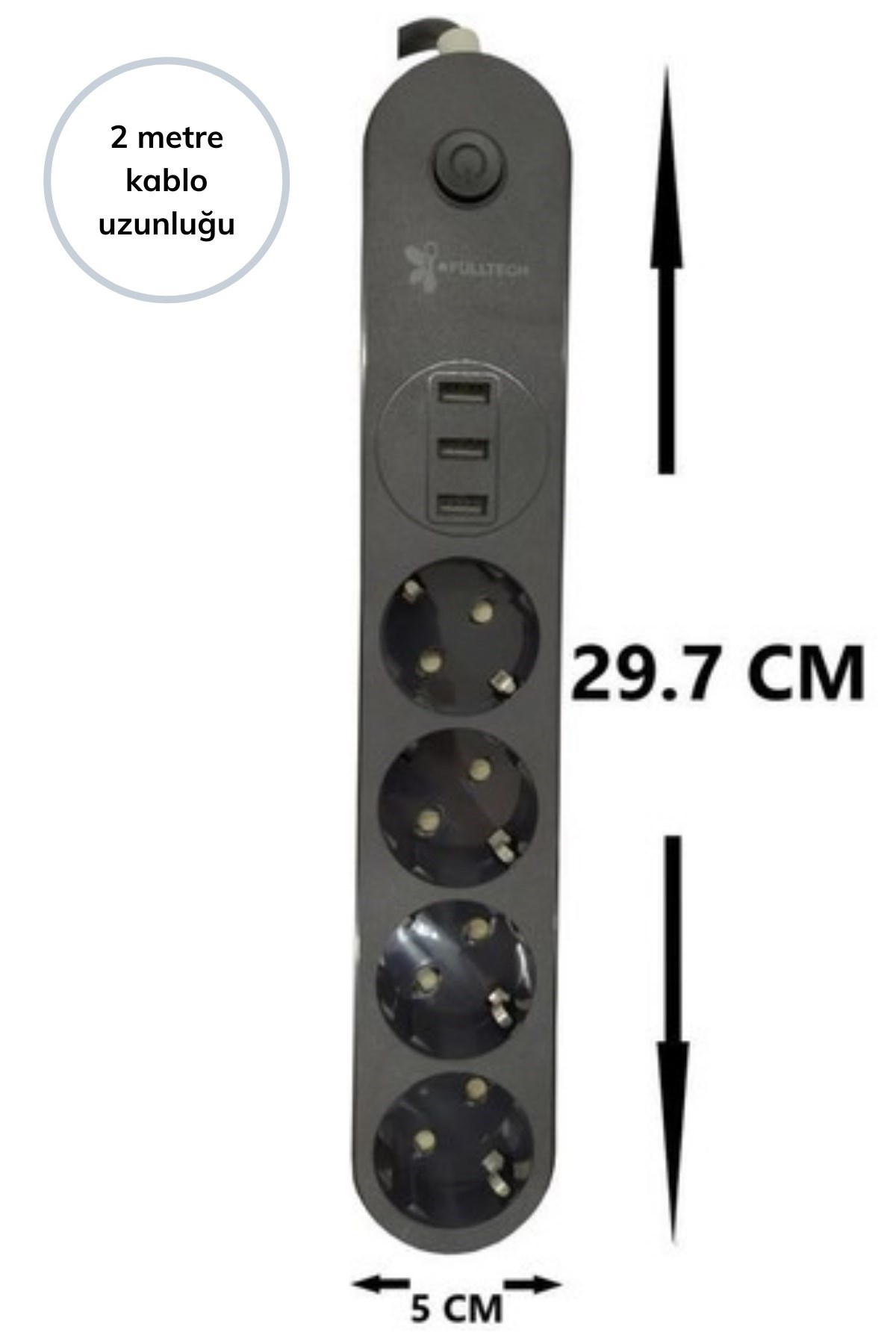 4lü Siyah Anahtarlı 3 USB Li Akım Korumalı Topraklı Çocuk Korumalı Grup Priz 2 Metre — Veyo — görsel 6