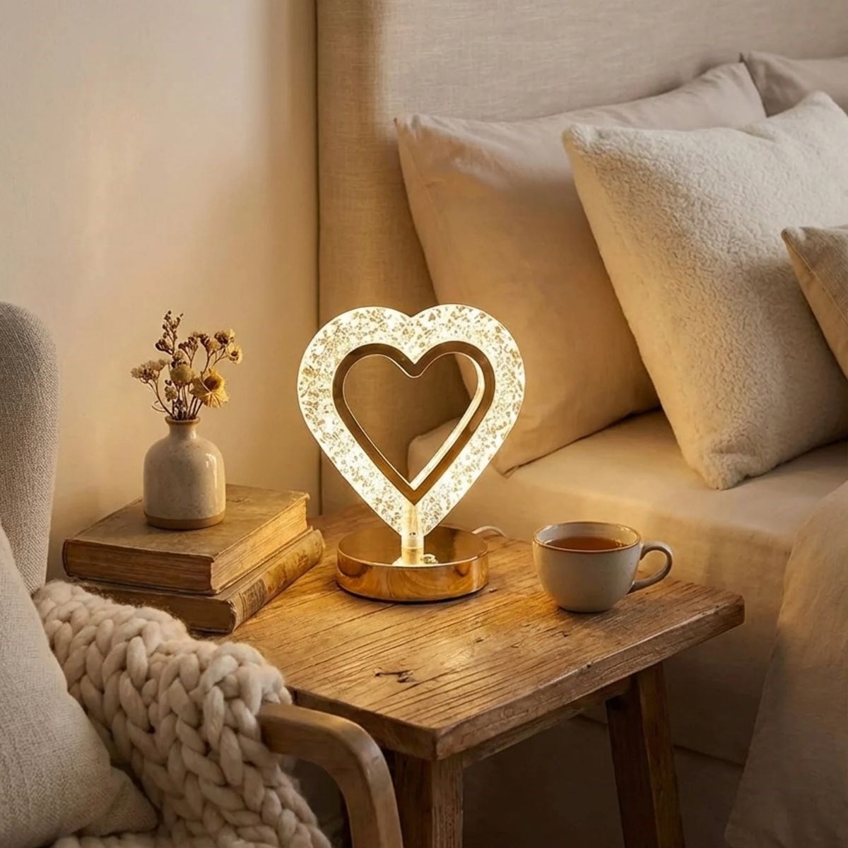 Kalp Şeklinde Kristal LED Masa Lambası – Dokunmatik, 3 Renk Işık Modlu, Şarjlı Mini Dekoratif Gece Lambası — Veyo — görsel 3