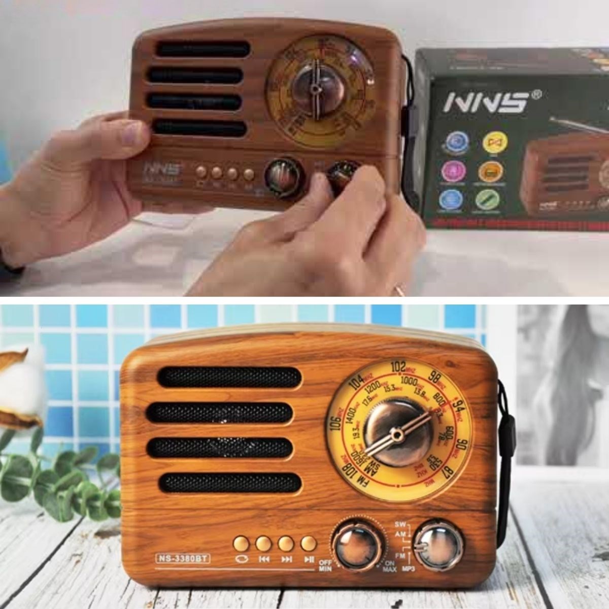 Küçük Boy Retro, Nostaljik, Ahşap Tasarım Bluetooth Hoparlörlü, Şarjlı, Taşınabilir Büyük Döndürülebilen Düğmeli FM/AM Destekli Radyo NS3380 — Veyo — görsel 2