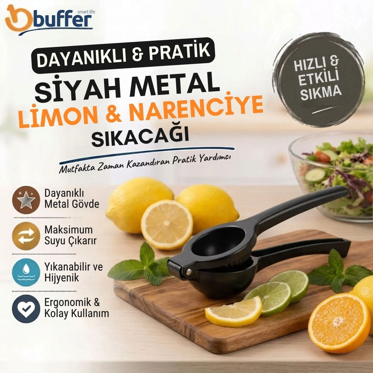 Siyah Metal Limon ve Narenciye Sıkacığı Manuel Sıkma Aparatı Dayanıklı Mutfak Yardımcısı