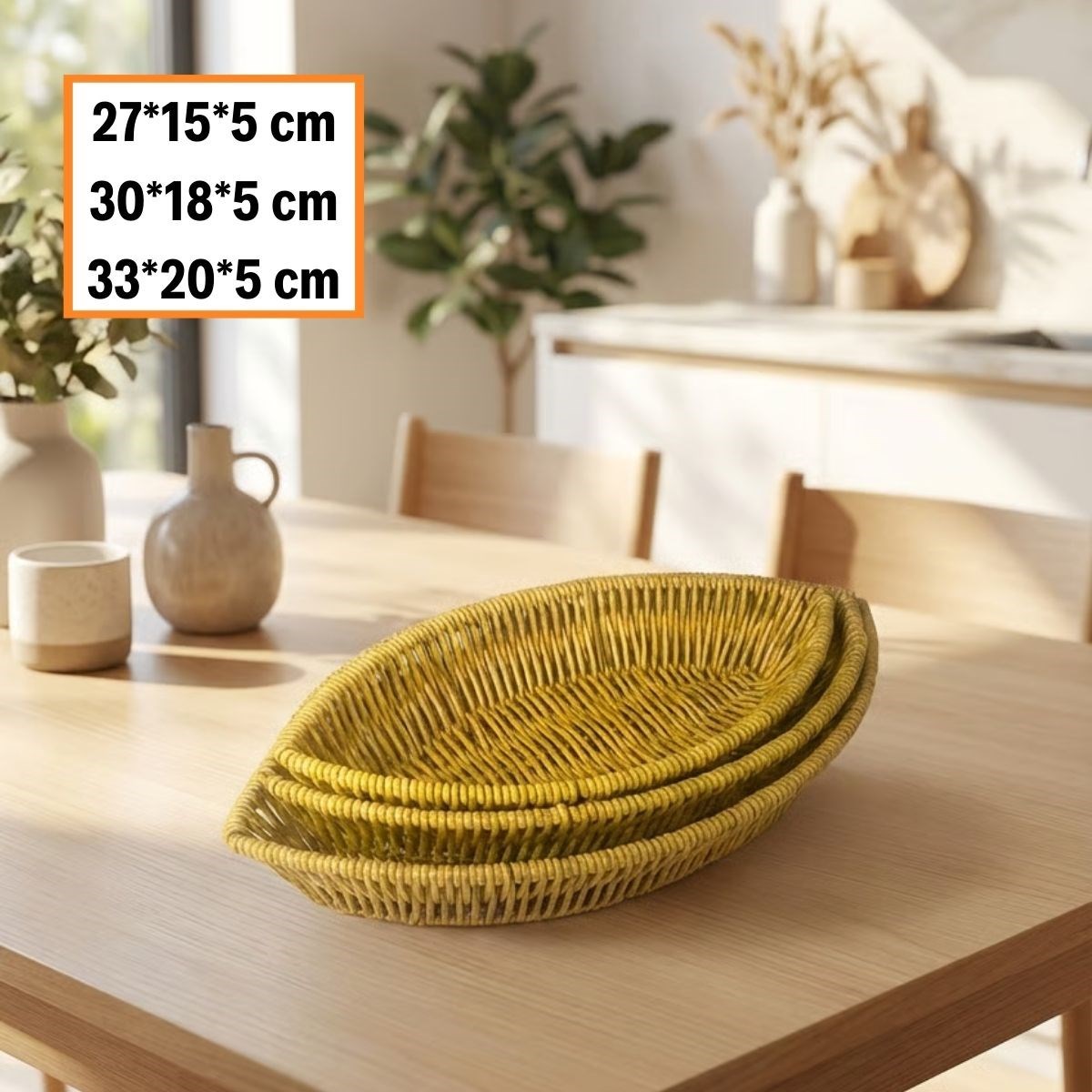 3’lü Kayık Formlu Plastik Rattan Sepet Seti–Hasır Görünümlü Ekmek, Meyve ve Sunum Sepetleri, Çok Amaçlı Masaüstü Organizer — Veyo — görsel 5