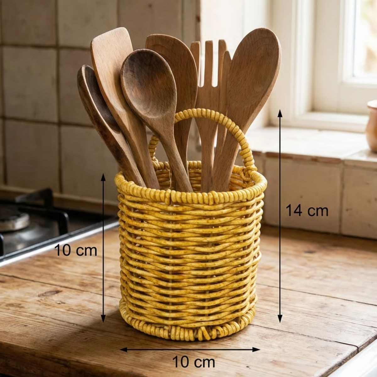 Yuvarlak Hasır Dokulu Plastik Rattan Kaşıklık & Çatallık – Askılı Kendiliğinden Tutmalı Çok Amaçlı Mutfak Organizeri — Veyo — görsel 5