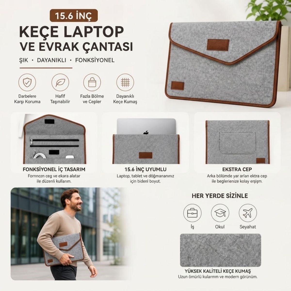 Keçe Laptop ve Evrak Çantası Cırtlı Kapanışlı Notebook Bilgisayar Dosya Taşıma Hafif Dayanıklı