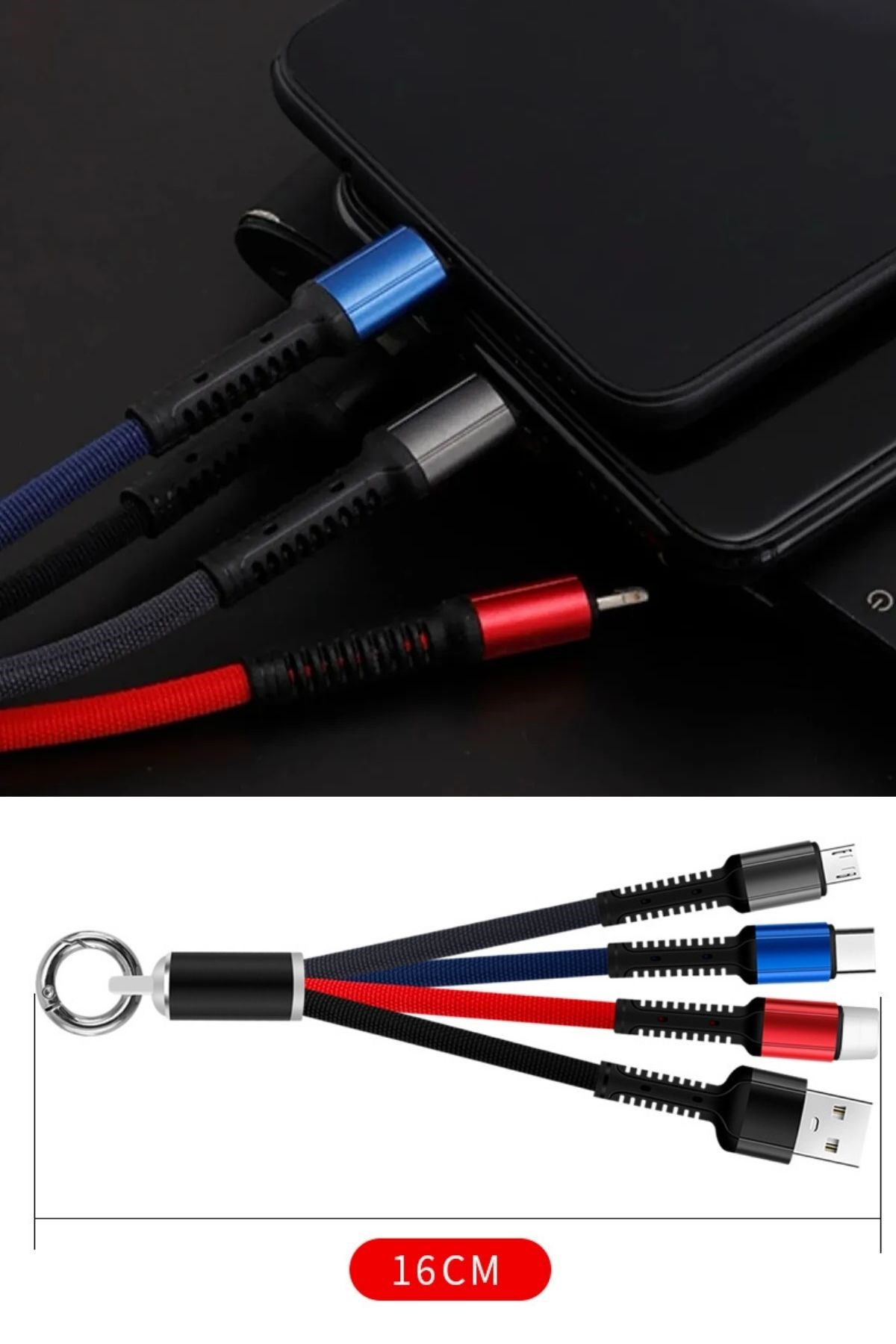 Işıklı Anahtarlık Model 3 in 1 USB Çıkışlı MİKRO,TYPE-C ve İphone Uyumlu Şarj Kablosu — Veyo — görsel 8