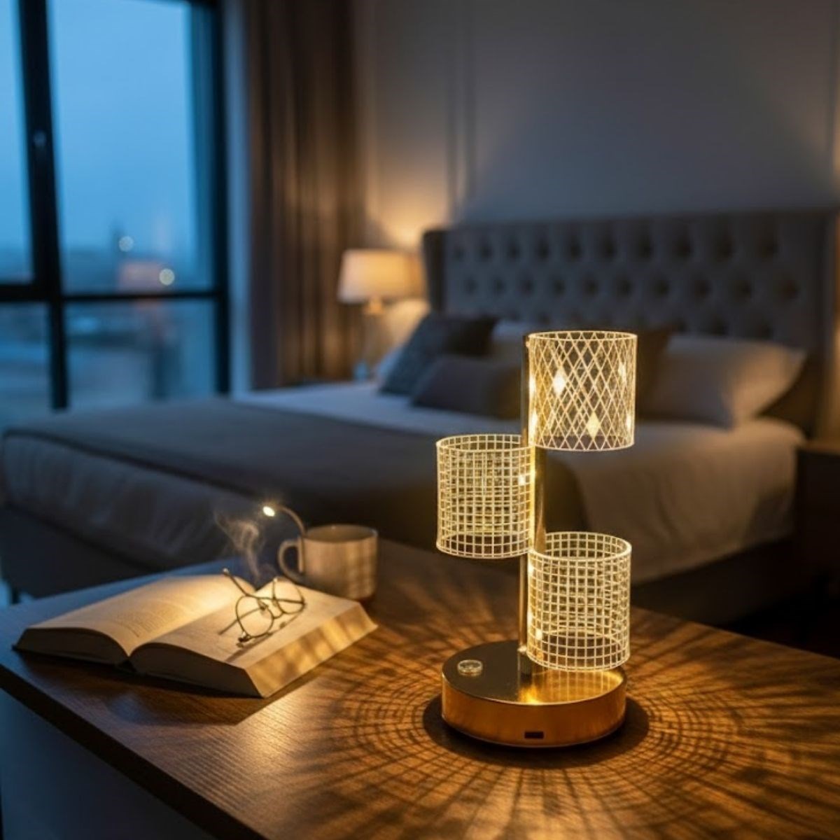 3 Parça Silindirik Kristal Ekose Kareli LED Masa Lambası – Gold Gövdeli, Dokunmatik, 3 Kademe Işık Ayarlı Şarjlı Dekoratif Lamba — Veyo