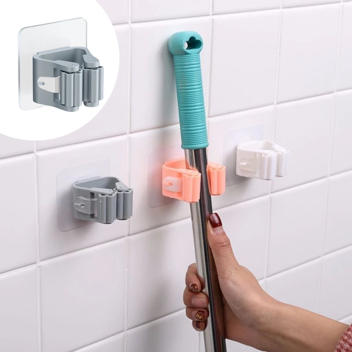 Duvara Yapışkanlı Tekli Mop Tutucu Aparat Sopa Askısı Pratik Temizlik Düzenli Saklama Dayanıklı