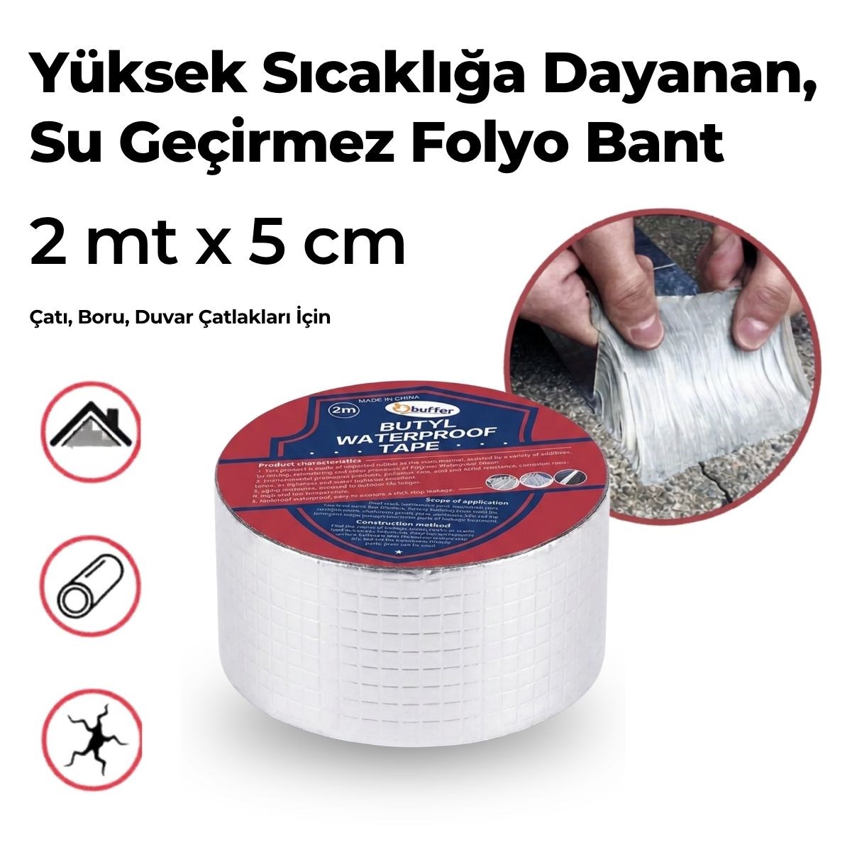 2 Mt Yüksek Sıcaklık Dayanan Su Geçirmez Çatı Duvar Çatlak Onarıcı Yapışkan Bant Folyo 5 Cm — Veyo