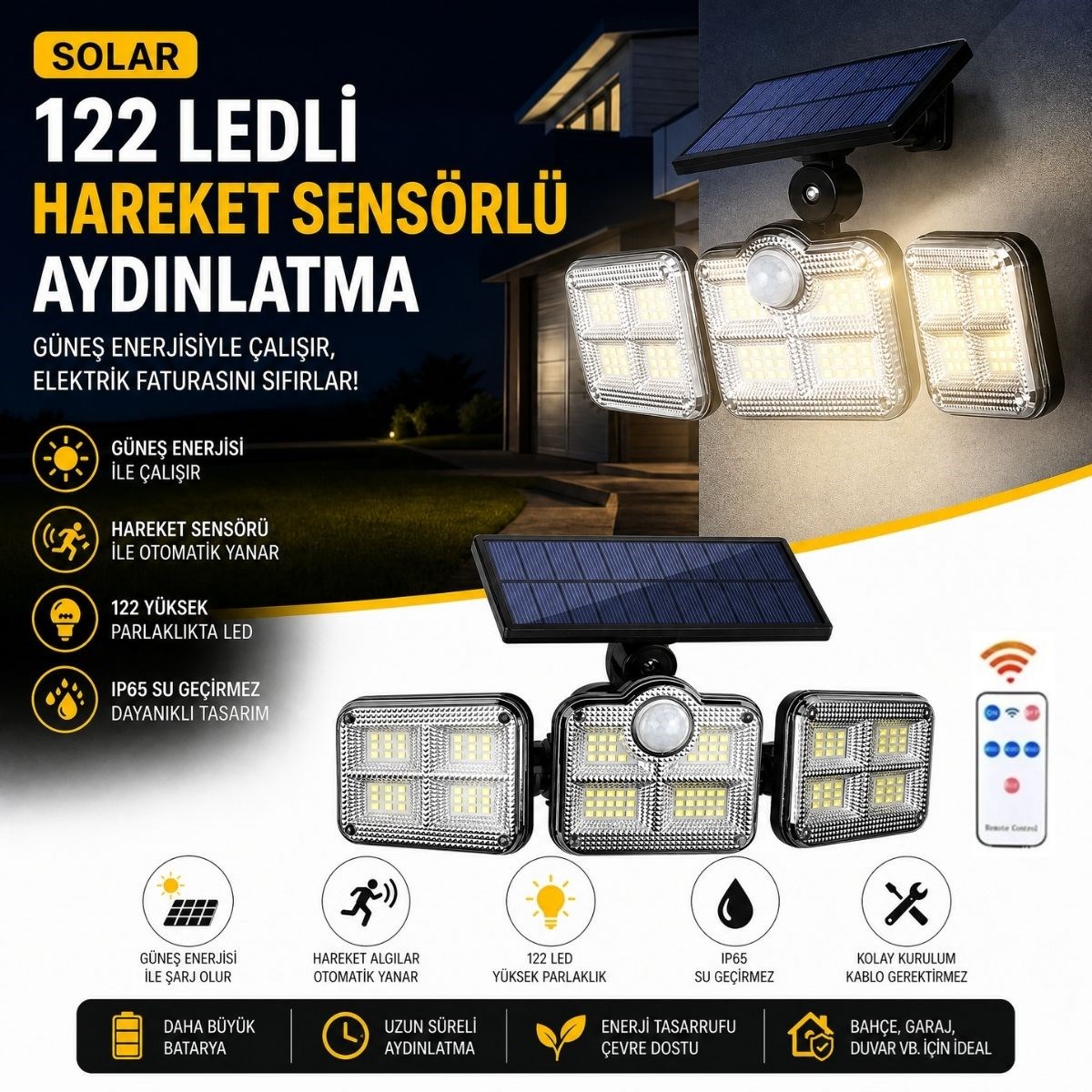 BUFFER® 3'lü 122 LEDLİ Güneş Enerjili Hareket Sensörlü Aydınlatma, Dış Mekan Duvar ve Bahçe Lambası Solar LED