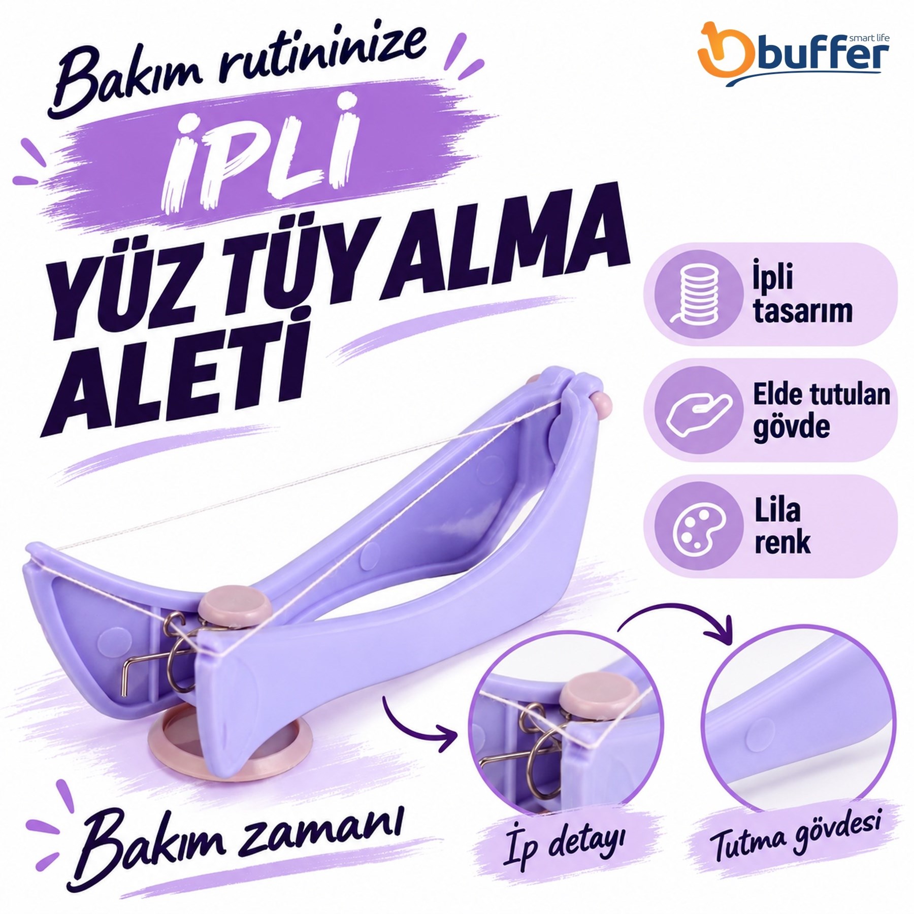 İpli Kaş Bıyık Yüz Tüy Alma Aleti Epilasyon Makinesi Pratik Acusız Kıl Alıcı Lila Kolay Saklama