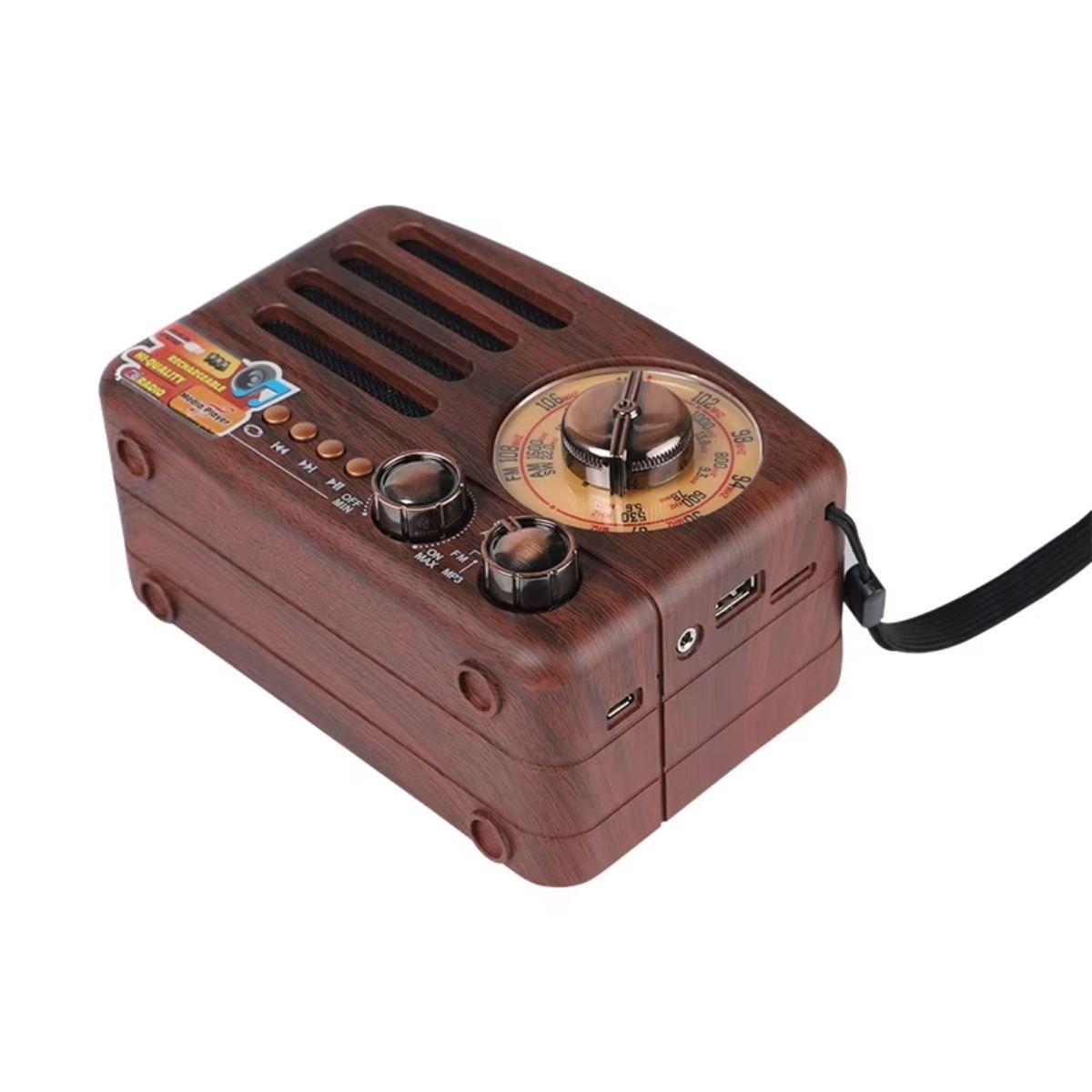 Küçük Boy Retro, Nostaljik, Ahşap Tasarım Bluetooth Hoparlörlü, Şarjlı, Taşınabilir Büyük Döndürülebilen Düğmeli FM/AM Destekli Radyo NS3380 — Veyo — görsel 3