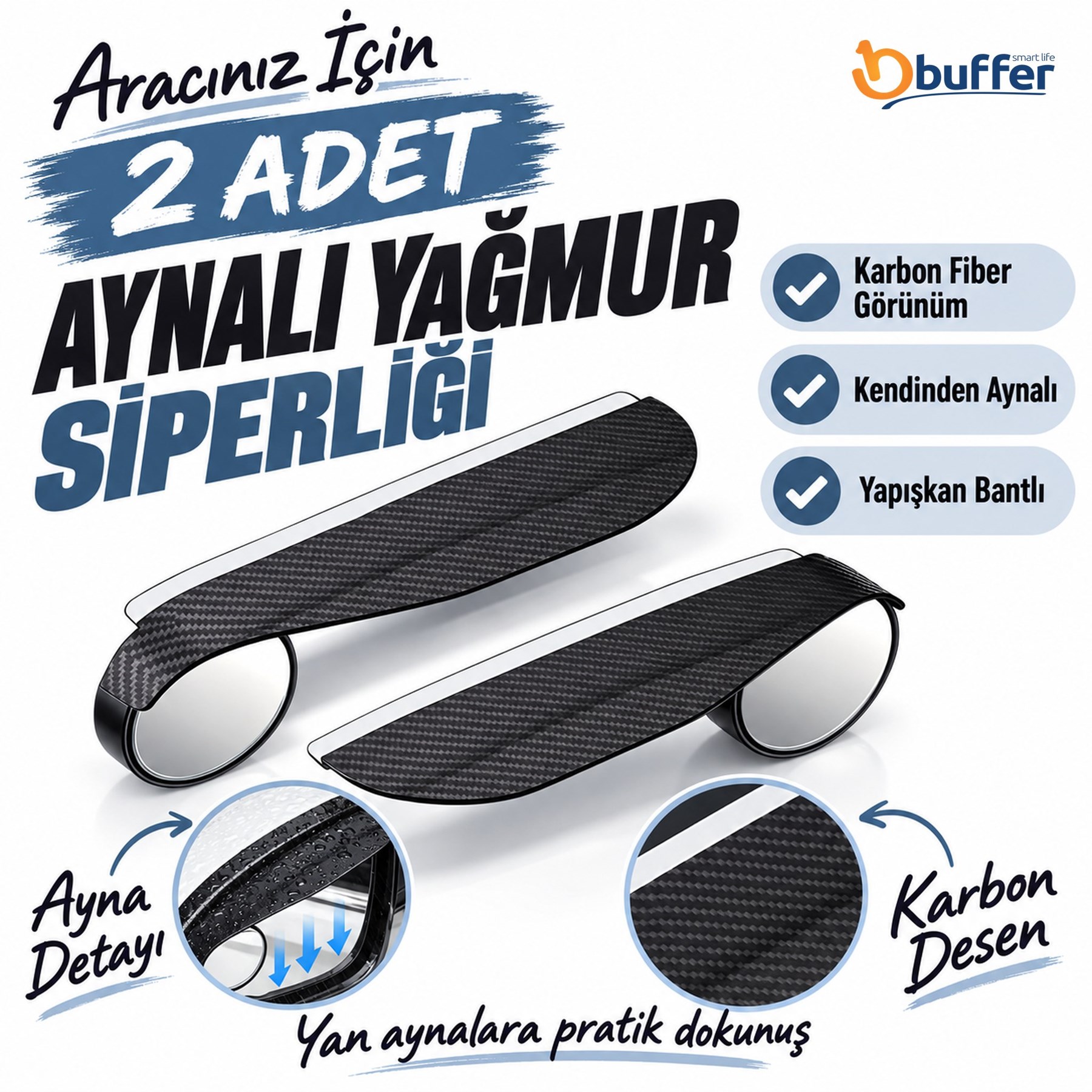 Karbon Fiber Görünümlü Araç Yan Ayna Yağmur Siperliği Kendinden Aynalı Yapışkan Bantlı Kar Kalkanı