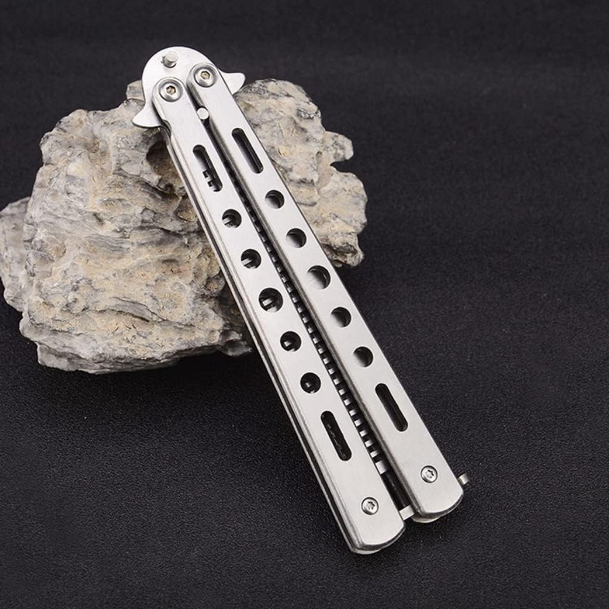 BUFFER® Gri Katlanabilir Paslanmaz Çelik Kelebek Bıçak Tarak Sakal Bıyık Fırçası Profesyonel Saç Kesimi İçin Tarak