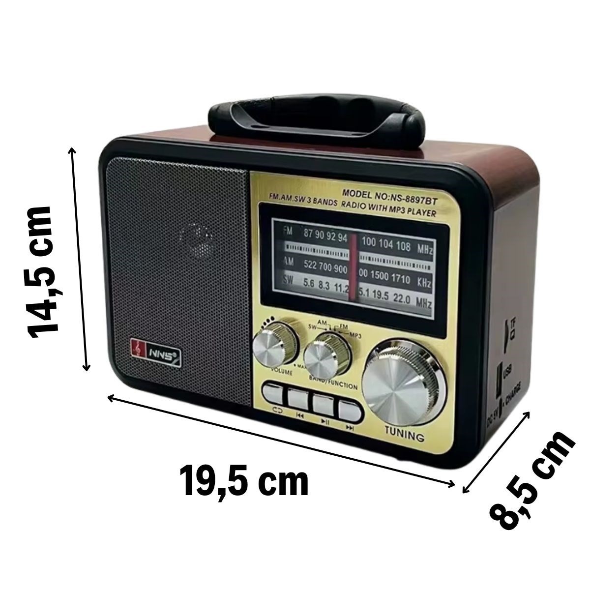 Orta Boy Retro, Nostaljik, Ahşap Tasarım Bluetooth Hoparlörlü, Şarjlı, Taşınabilir FM/AM Destekli Radyo NS-8897 — Veyo — görsel 4