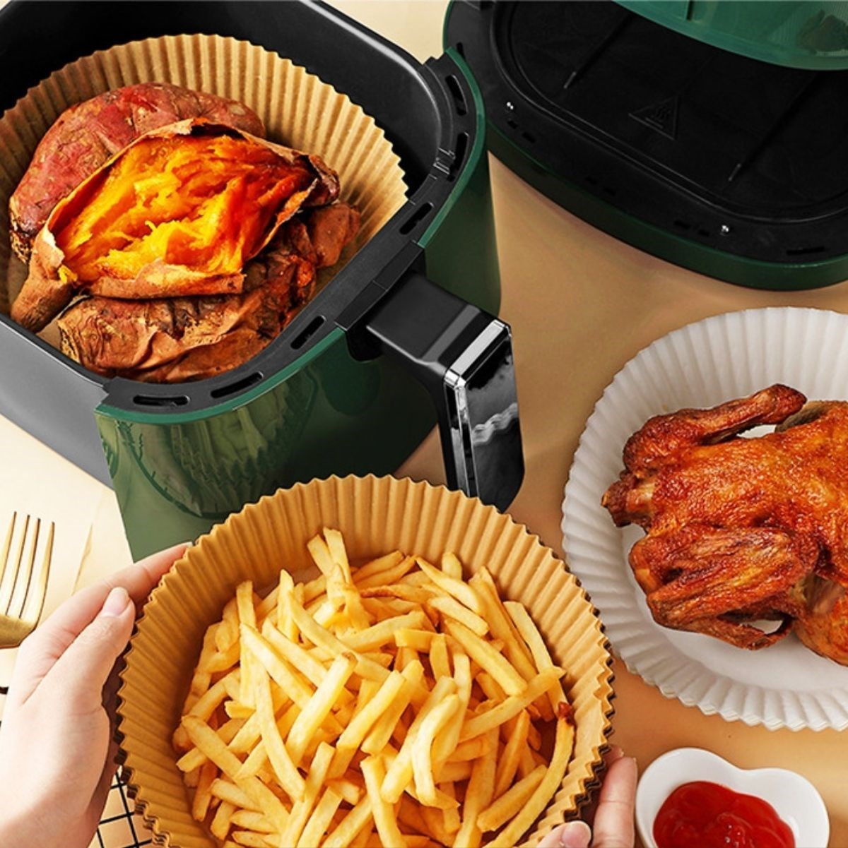 50 Adet Air Fryer Pişirme Kağıdı Tek Kullanımlık Hava Fritöz Yağ Geçirmez Yapışmaz Tabak Model — Veyo — görsel 7