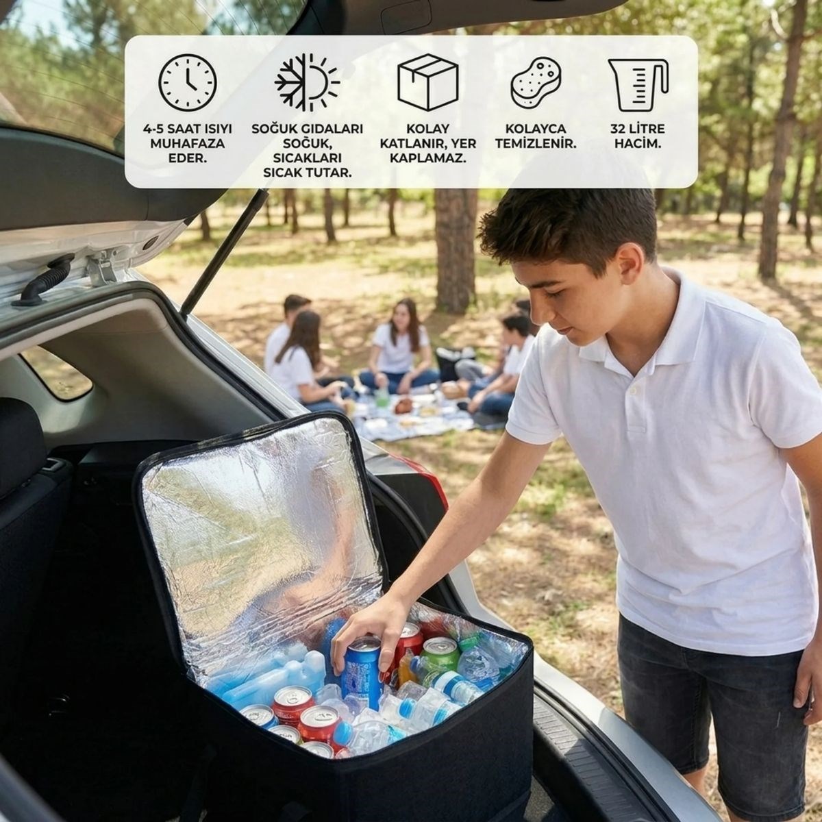 Isı Koruyucu Termal Taşıma Çantası 32 Litre – Araç Bagaj Organizeri, Termos, Katlanabilir Keçe Saklama Çantası 37x27x25 cm — Veyo — görsel 3