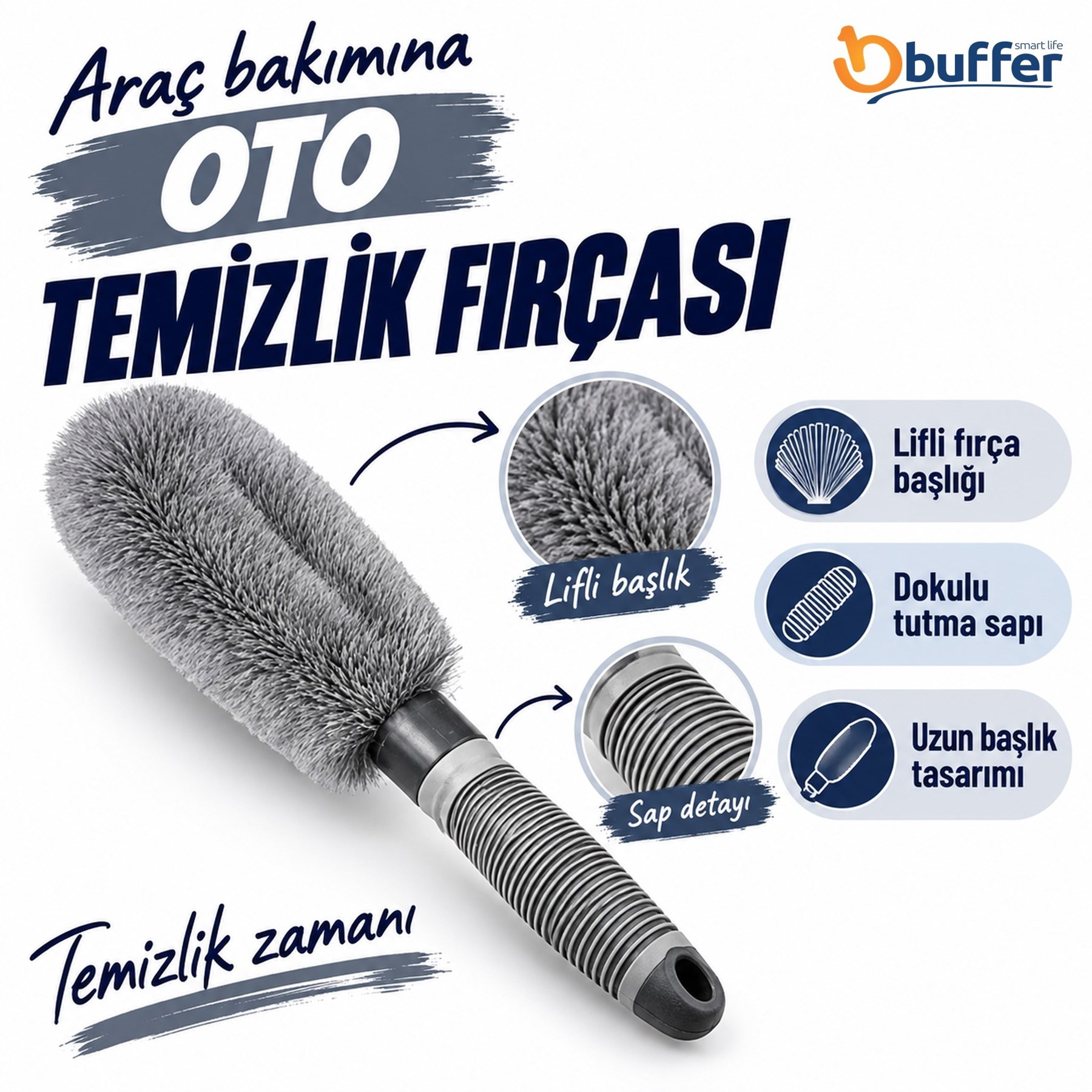 Gri Oto Jant Temizleme Fırçası – Ergonomik Saplı, Lastik ve Jant Detay Temizliği İçin Güçlü Kıllı Fırça