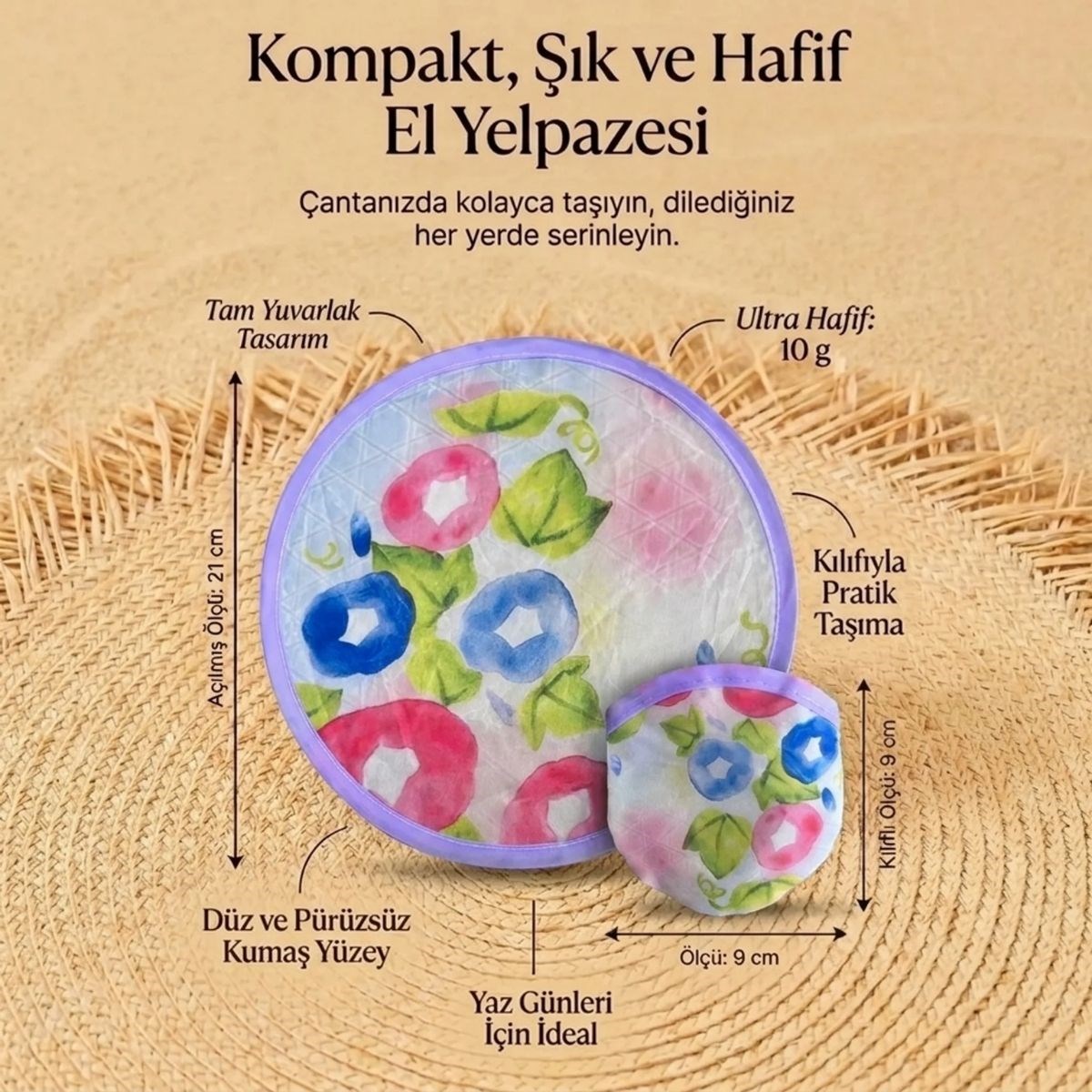 Sulu Boya Çiçek Desenli Pratik Katlanabilir El Yelpazesi – Kılıflı Yuvarlak Pratik Otomatik Açılıp Kapanan Cep Yelpazesi — Veyo — görsel 5